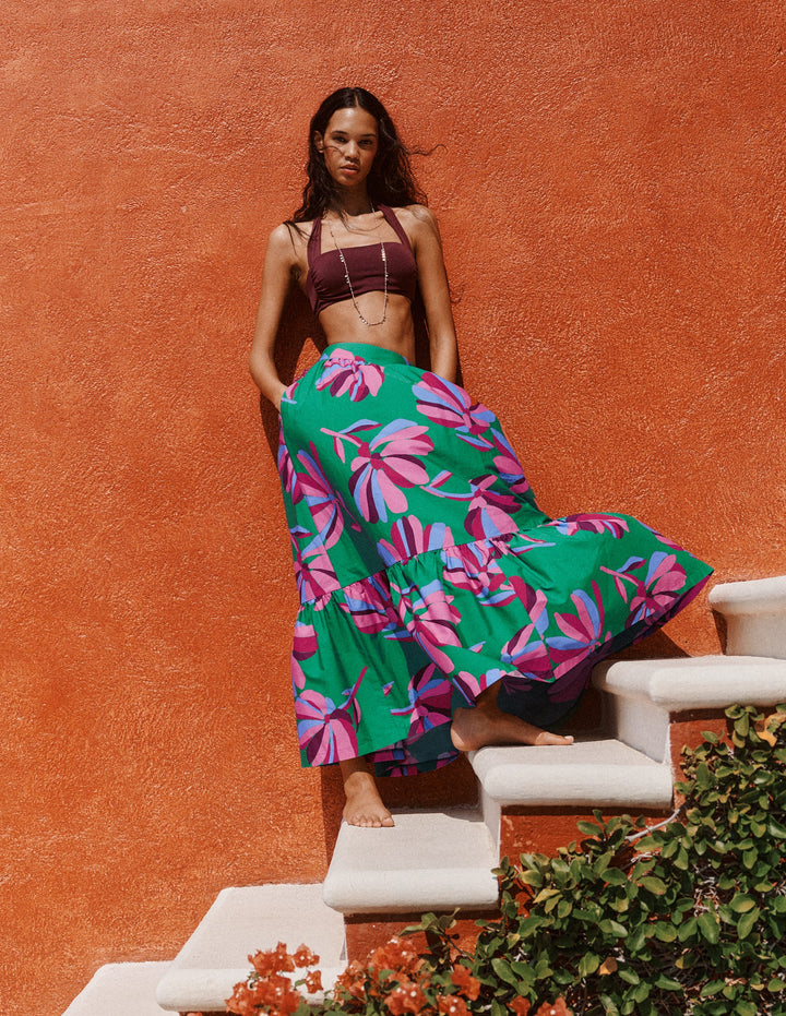 Abigail Poplin Maxi Skirt-Green, Daisy Cascade