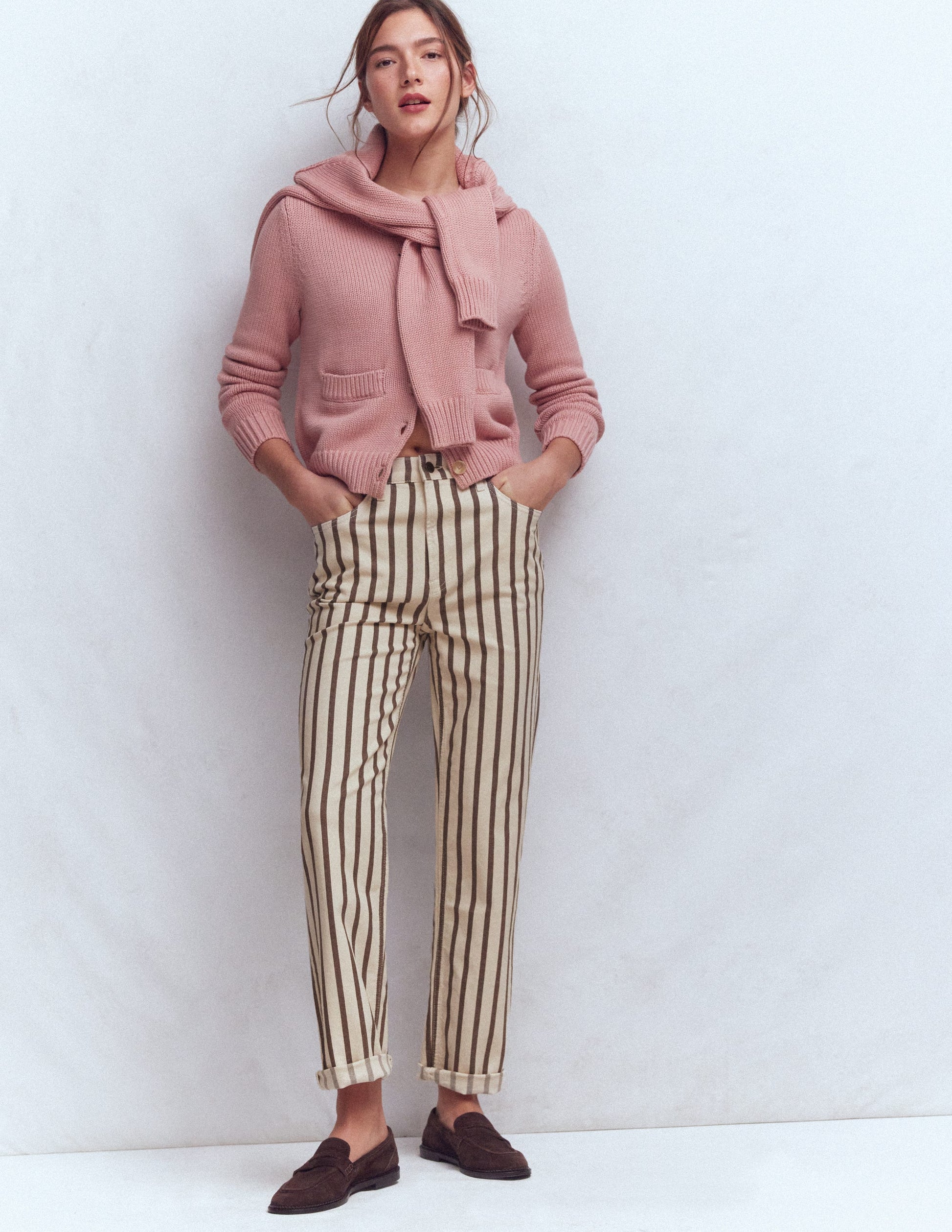 High Rise Straight Jeans-Brown Ecru Stripe-1