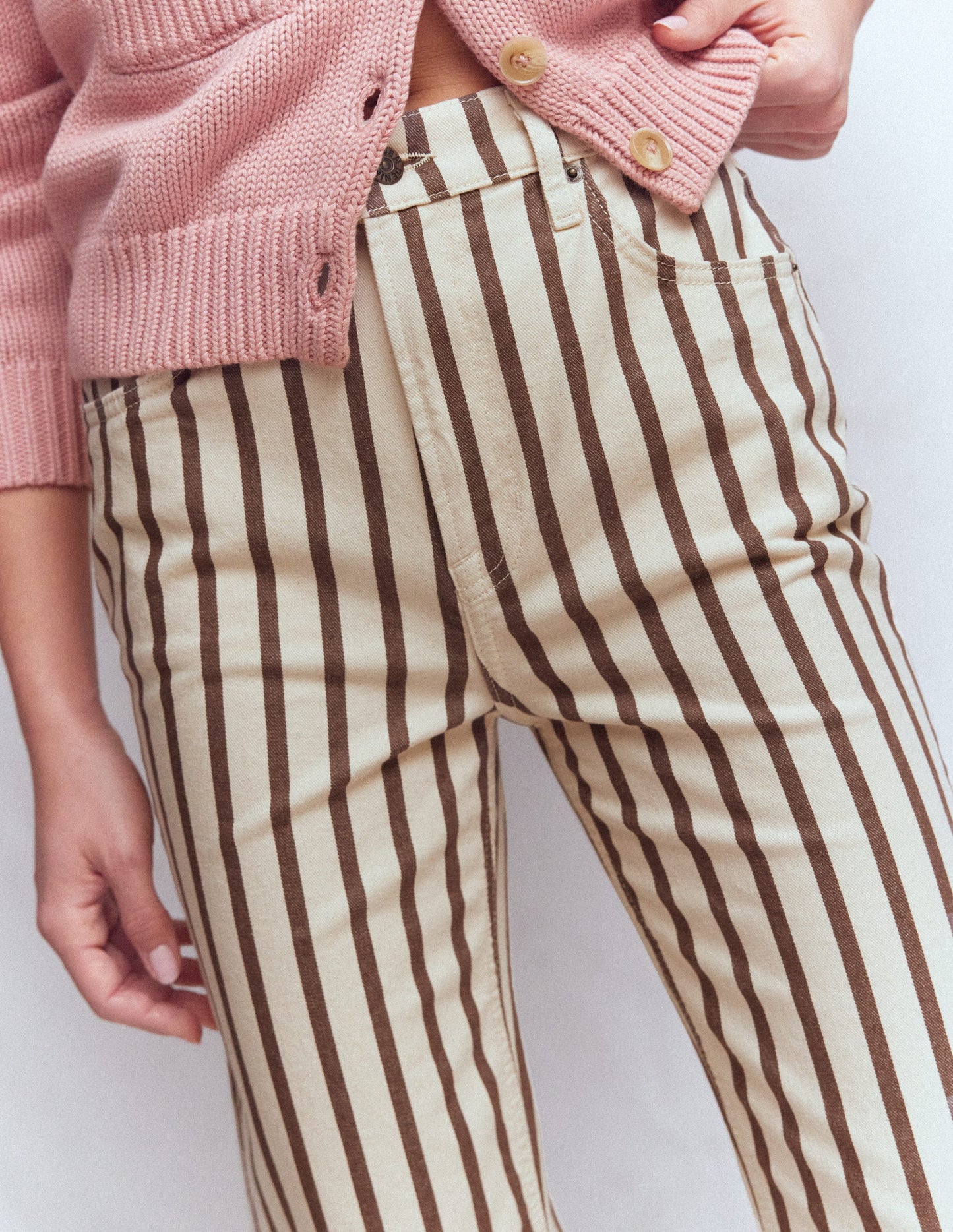 High Rise Straight Jeans-Brown Ecru Stripe