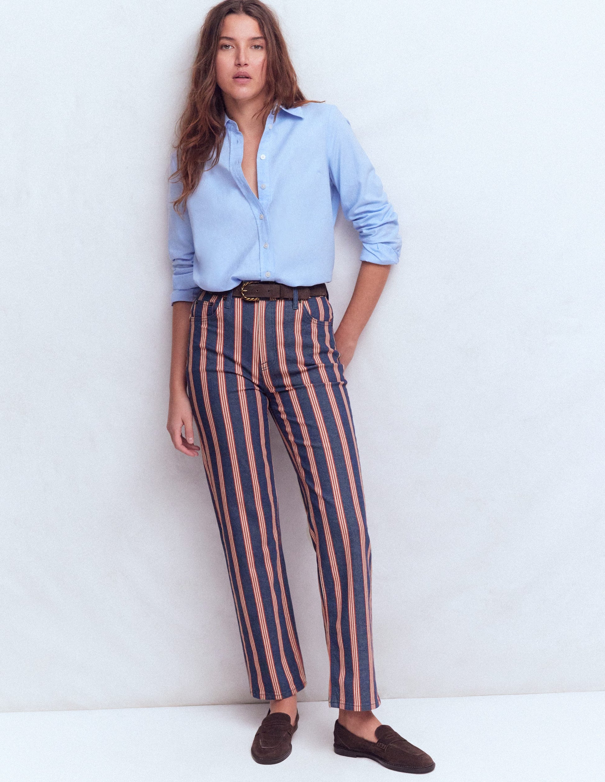 High Rise Straight Jeans-Navy & Red Stripe-1