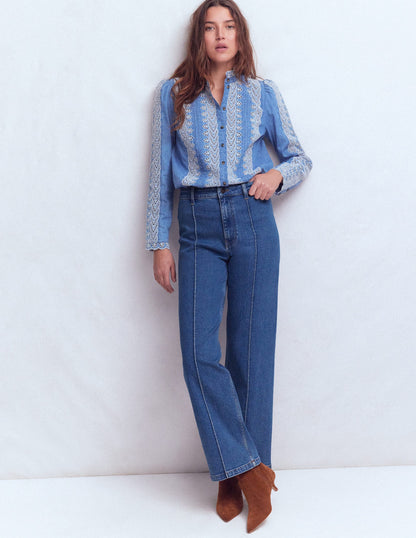 Pintuck Column Leg Jeans-Mid Vintage-1