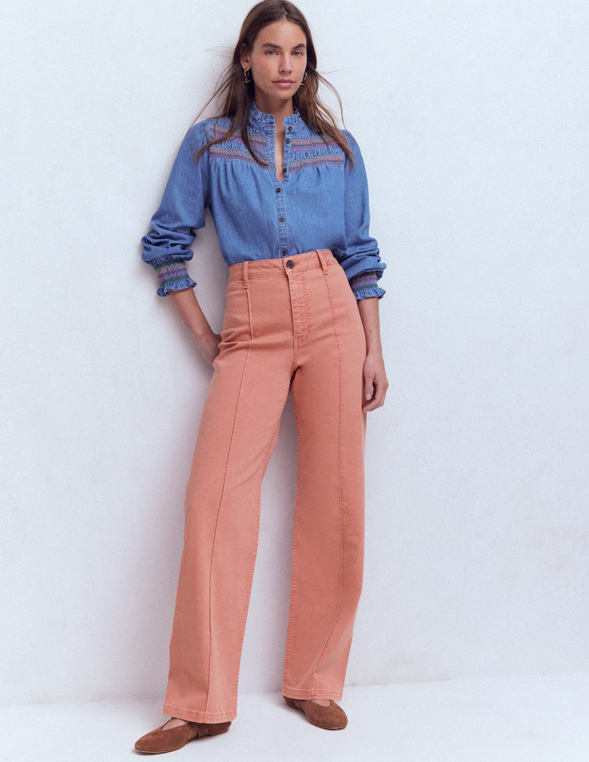 Pintuck Column Leg Jeans-Almond Pink-1