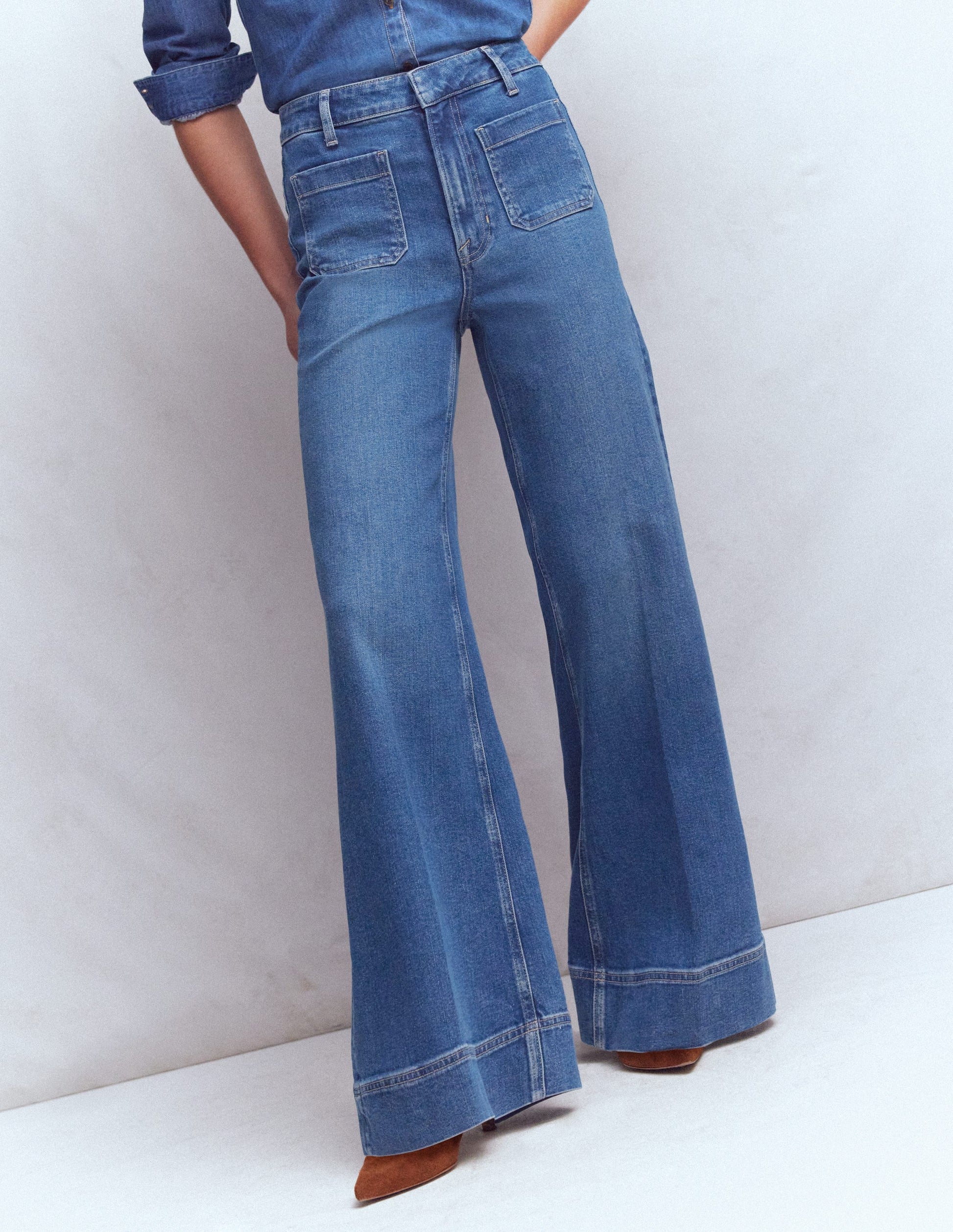Patch Pocket Flare Jeans-Midwash-5