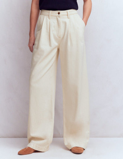 Pleated Wide Leg Jeans-Ecru-5