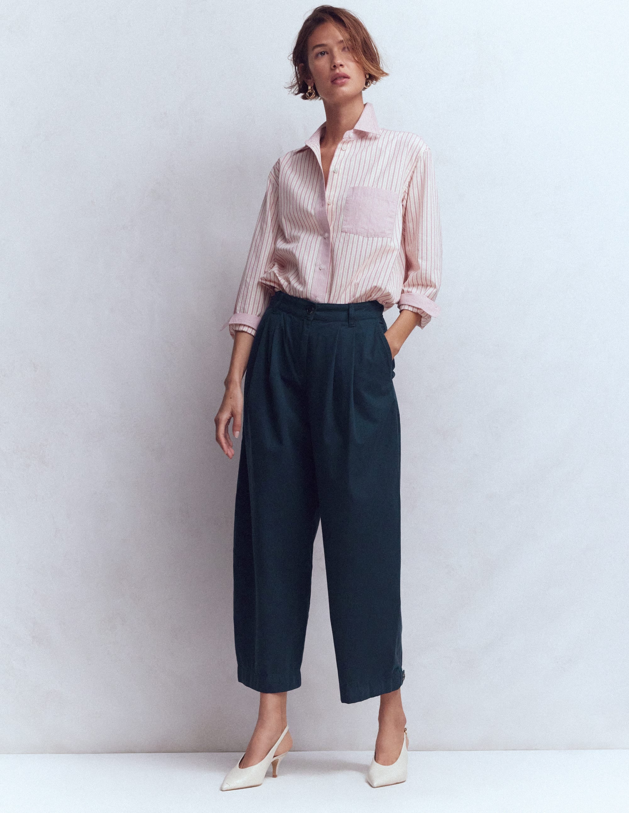 Pleat Barrel Leg Trousers-Navy - Image 1