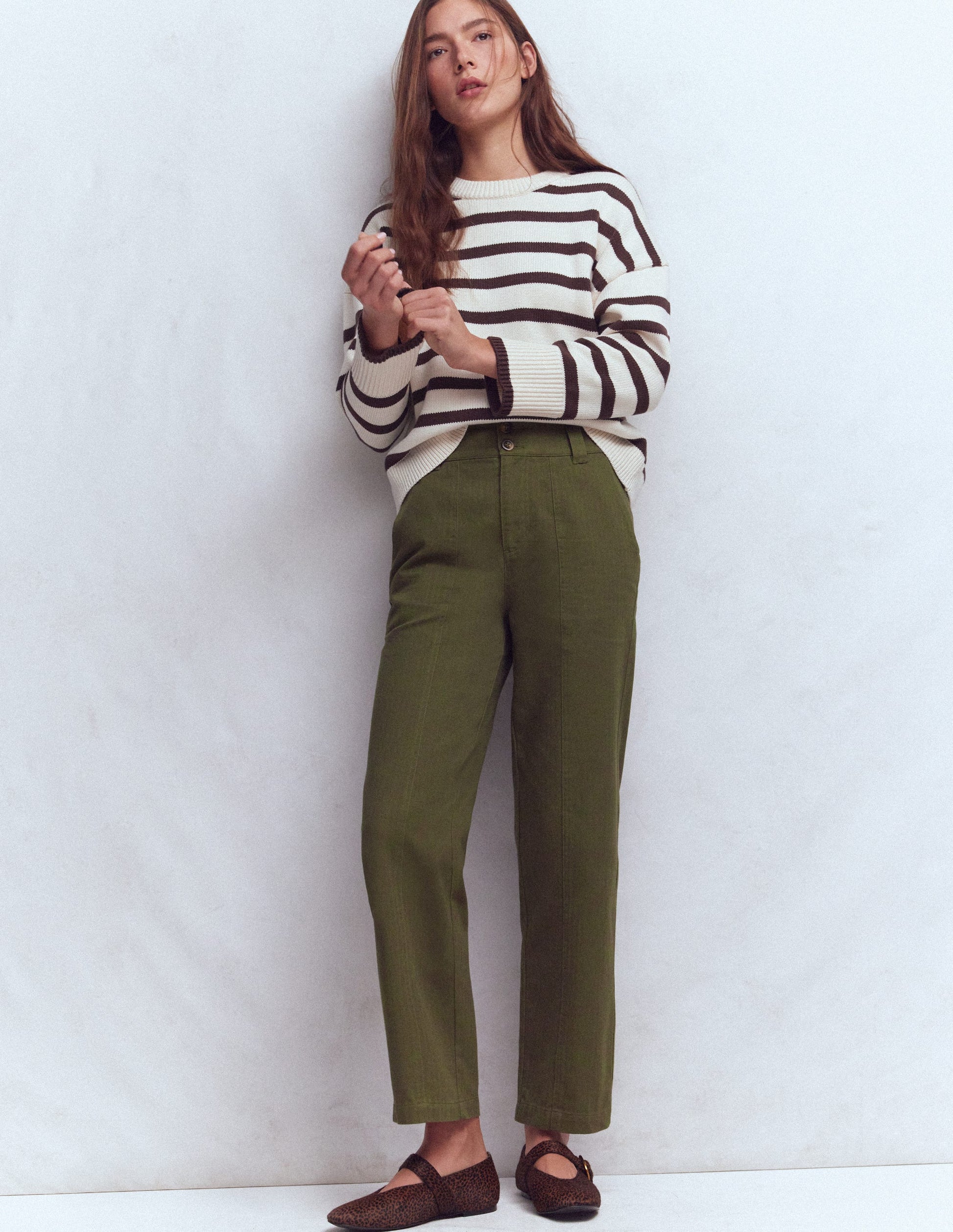 Straight Leg Chino Trousers-Woodland Green Herringbone-1