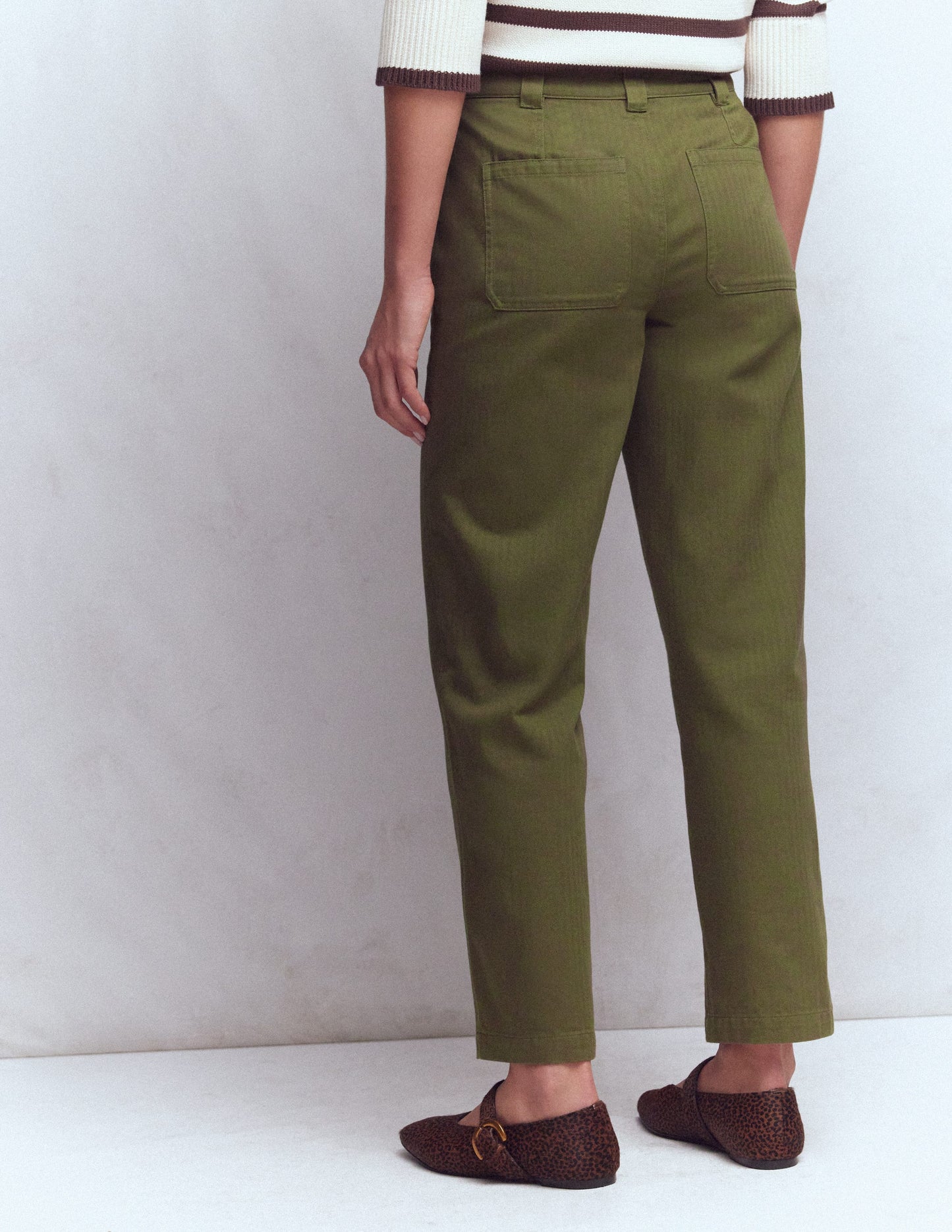 Straight Leg Chino Trousers-Woodland Green Herringbone