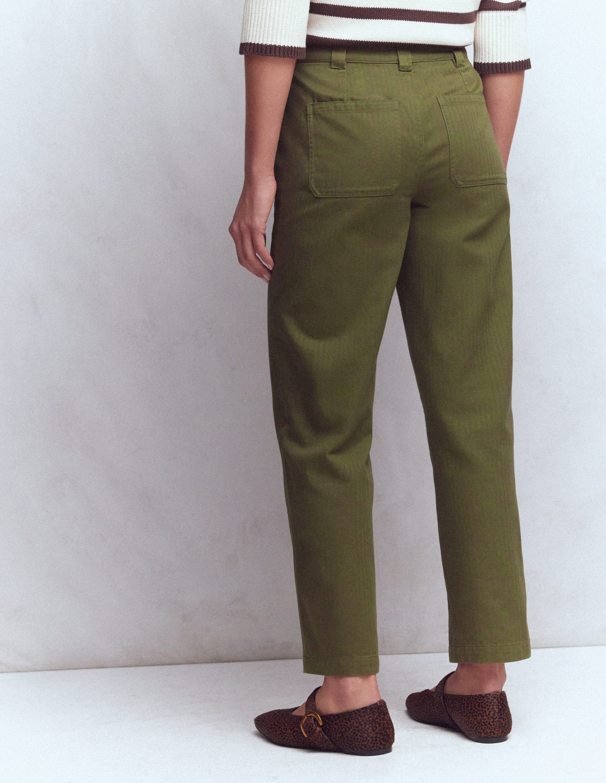 Straight Leg Chino Trousers-Woodland Green Herringbone-3