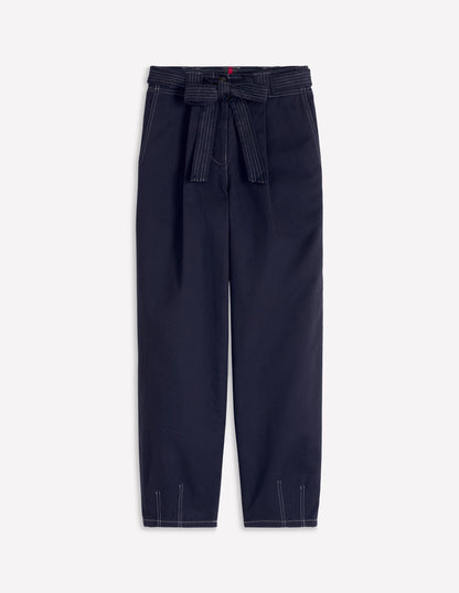 Belted Barrel Leg Trousers-Navy-6