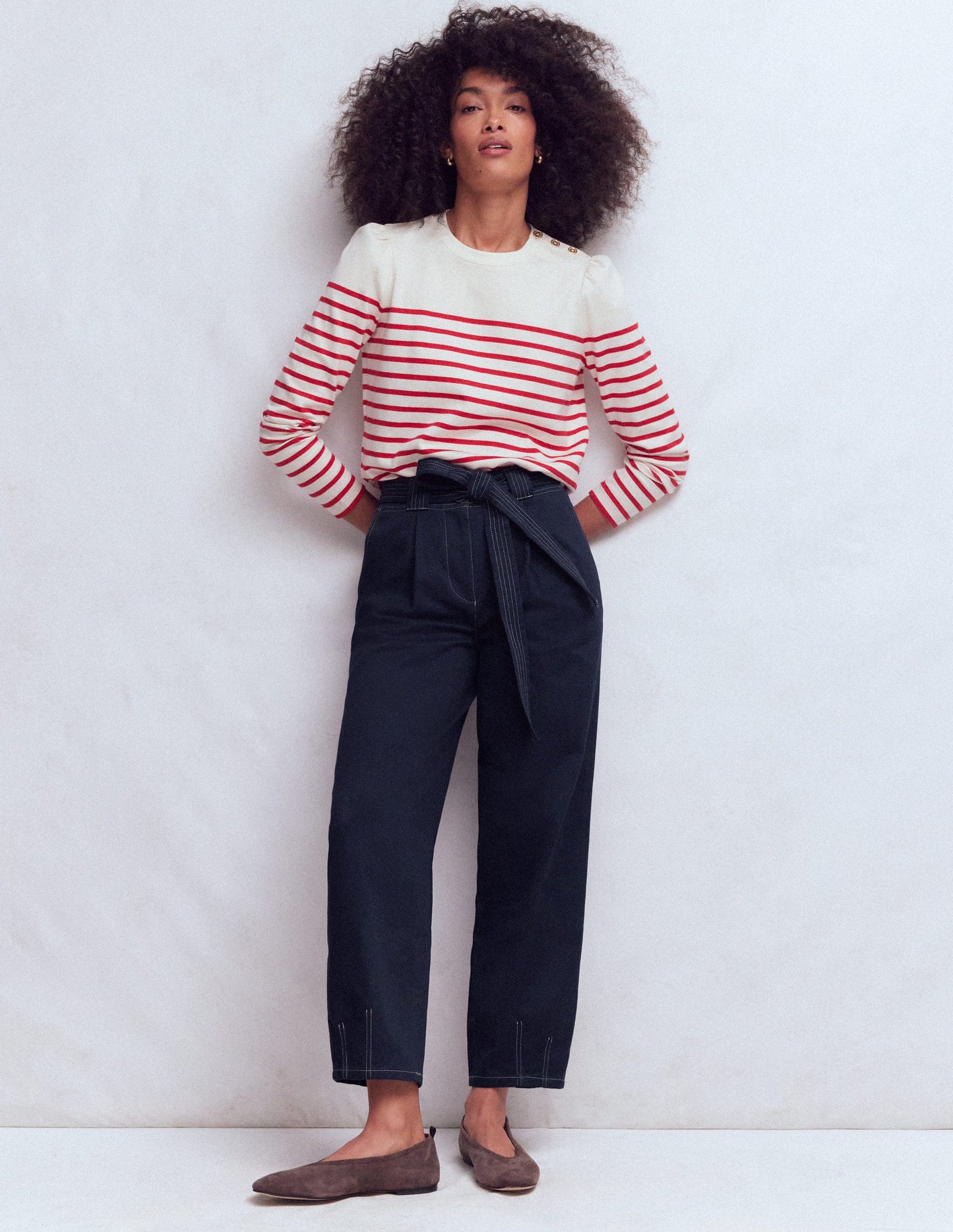Belted Barrel Leg Trousers-Navy