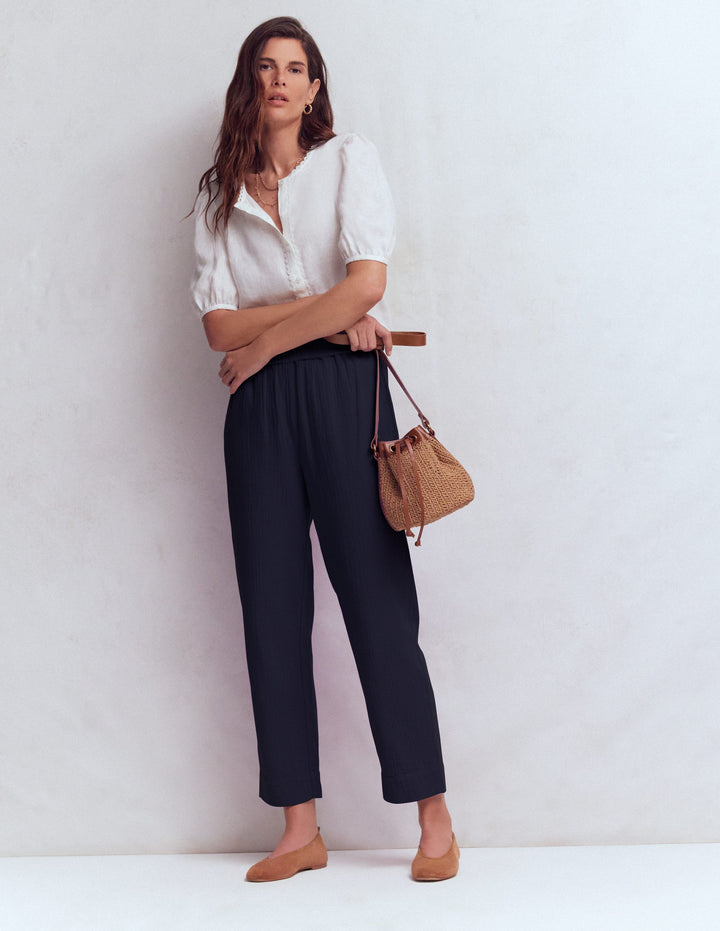Double Cloth Crop Trousers-Navy