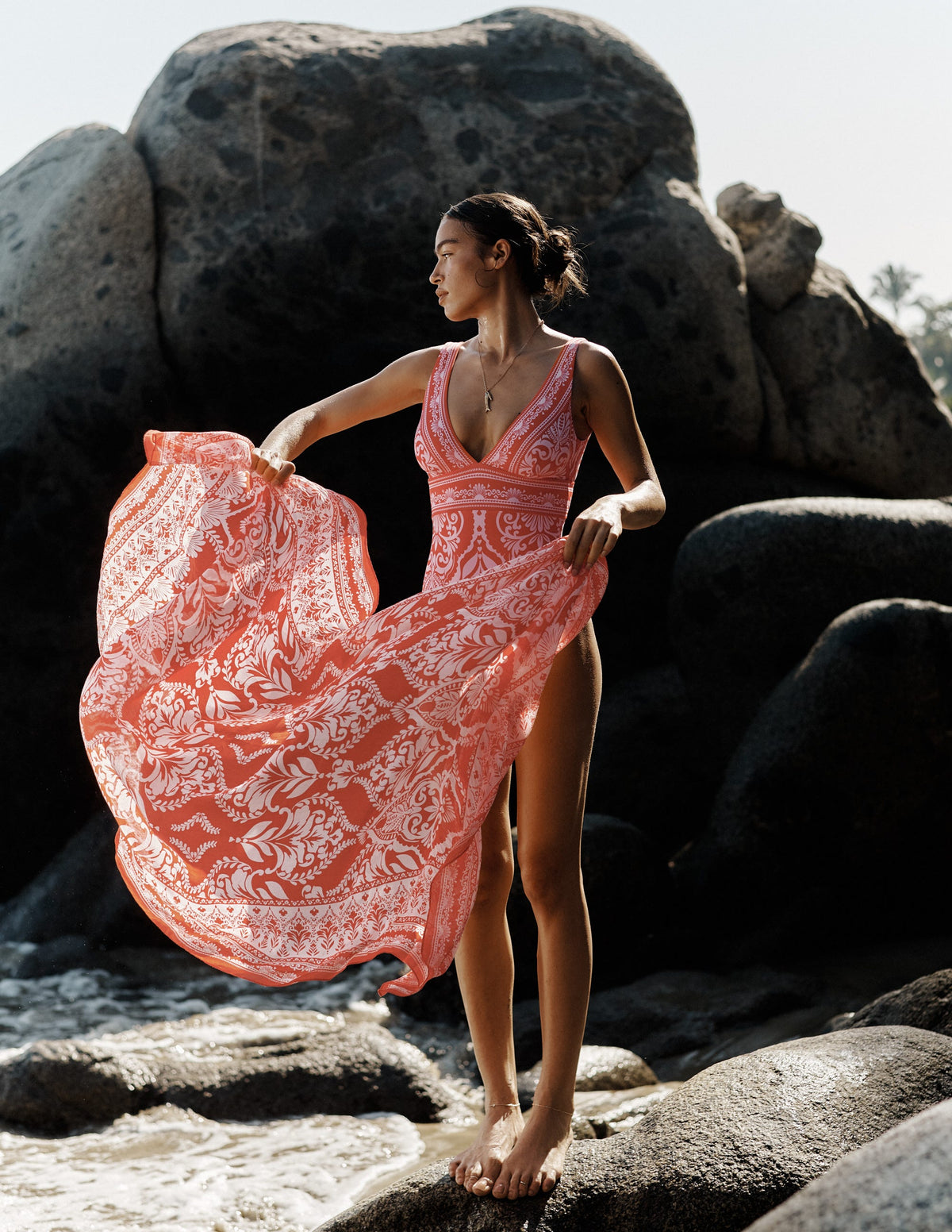 Porto V-neck Swimsuit-Poppy Red, Ornamental Garden - Image 8