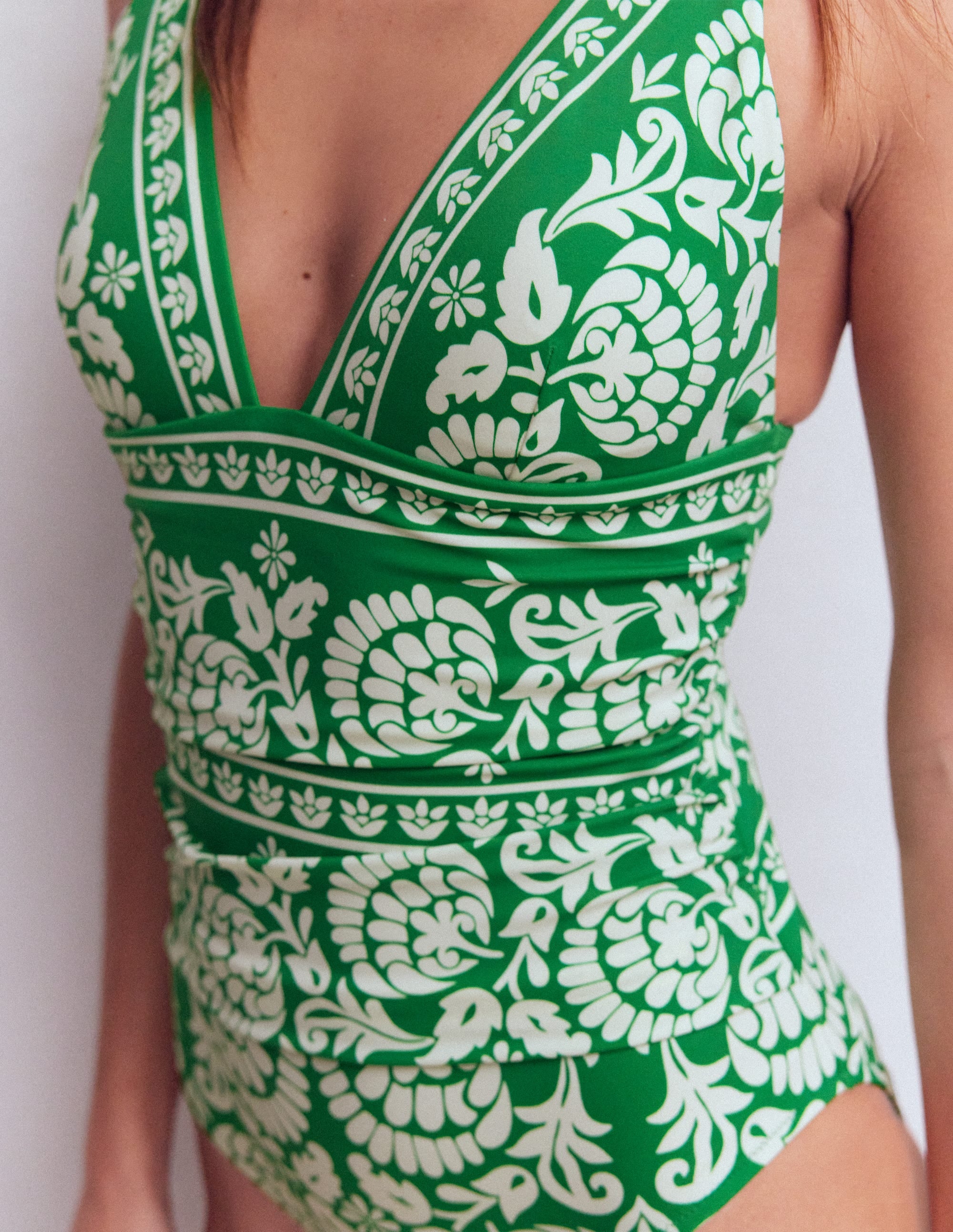Mykonos Deep V Swimsuit-Green, Ornate Floret - Image 2