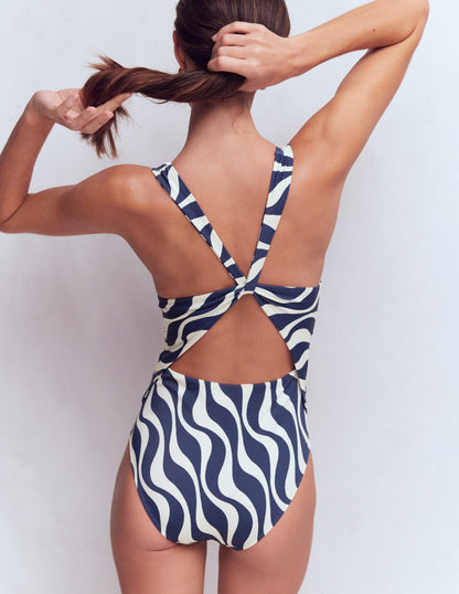 Mykonos Deep V Swimsuit-Navy, Rythmic Wave-3