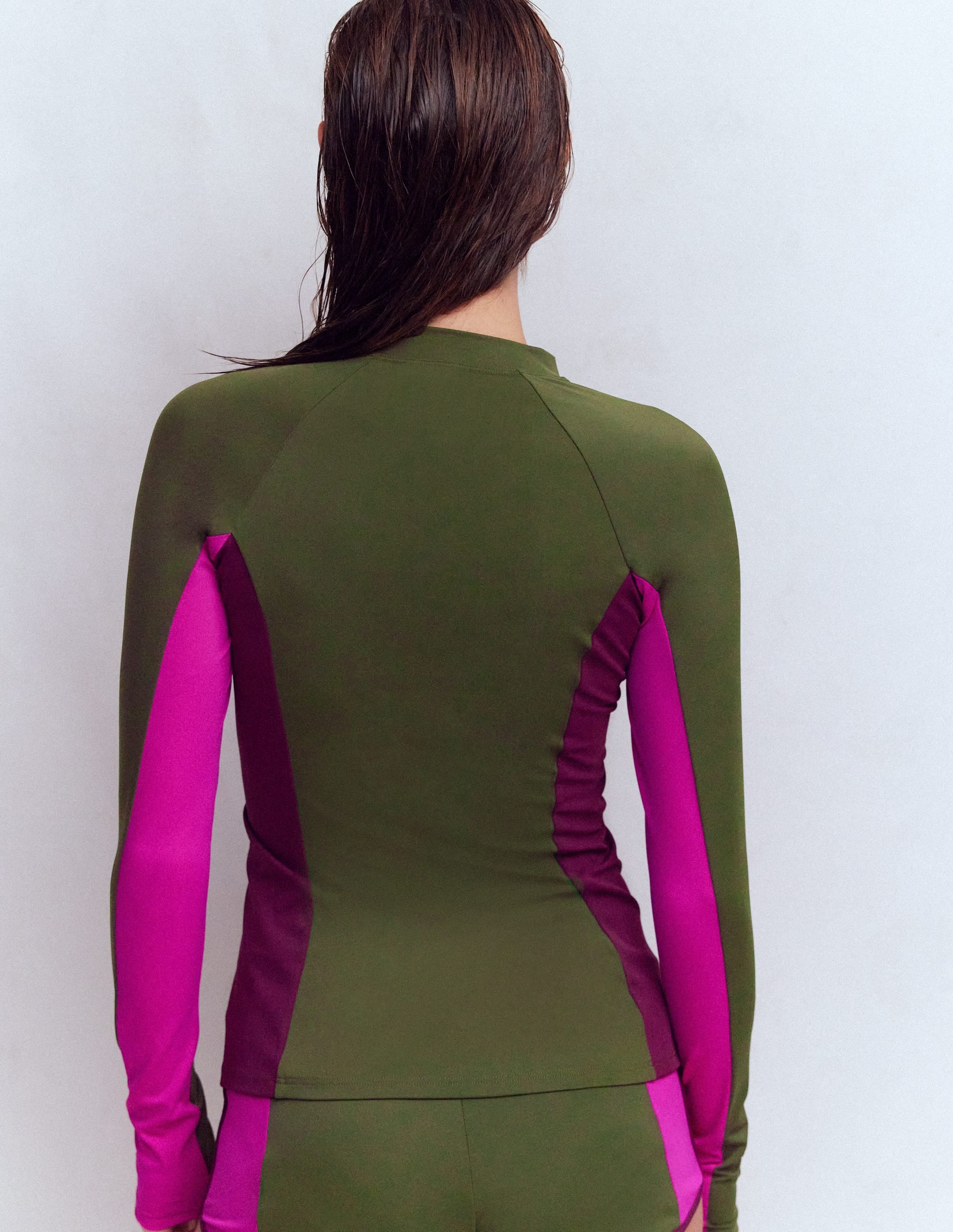 Long Sleeve Rash Guard Top-Khaki Colourblock - Image 3