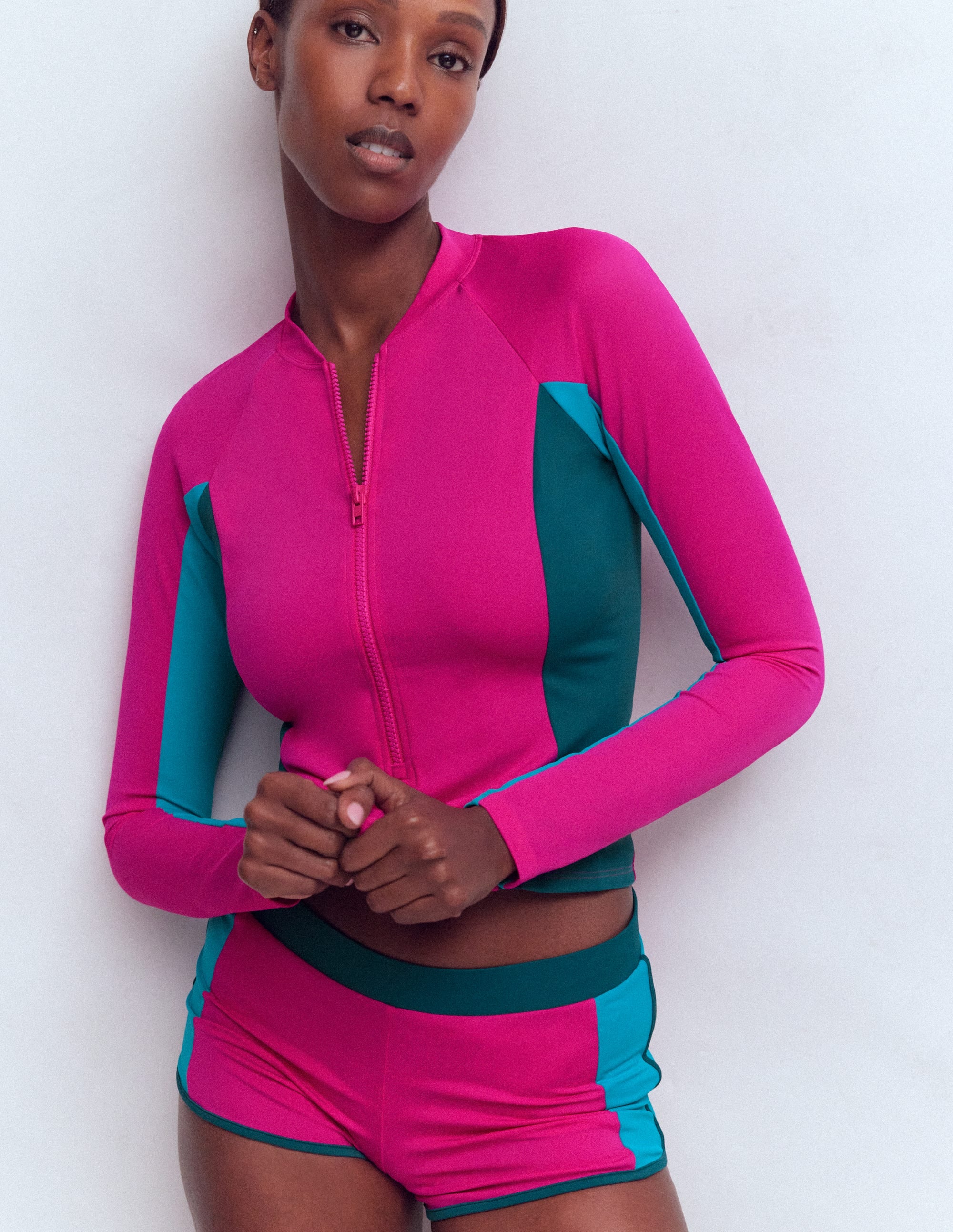 Long Sleeve Rash Guard Top-Pink Colourblock - Image 1