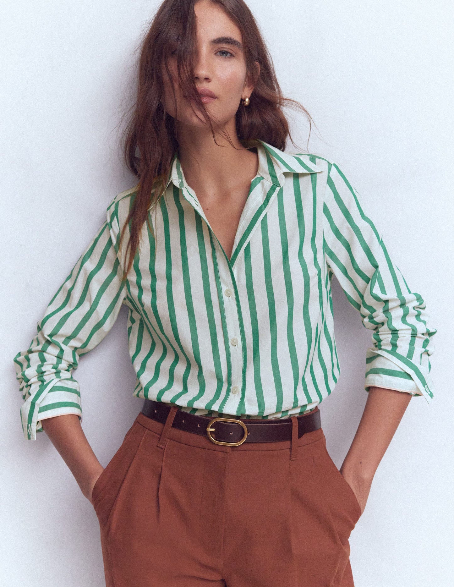 Sienna Cotton Shirt-Green and Ivory Stripe