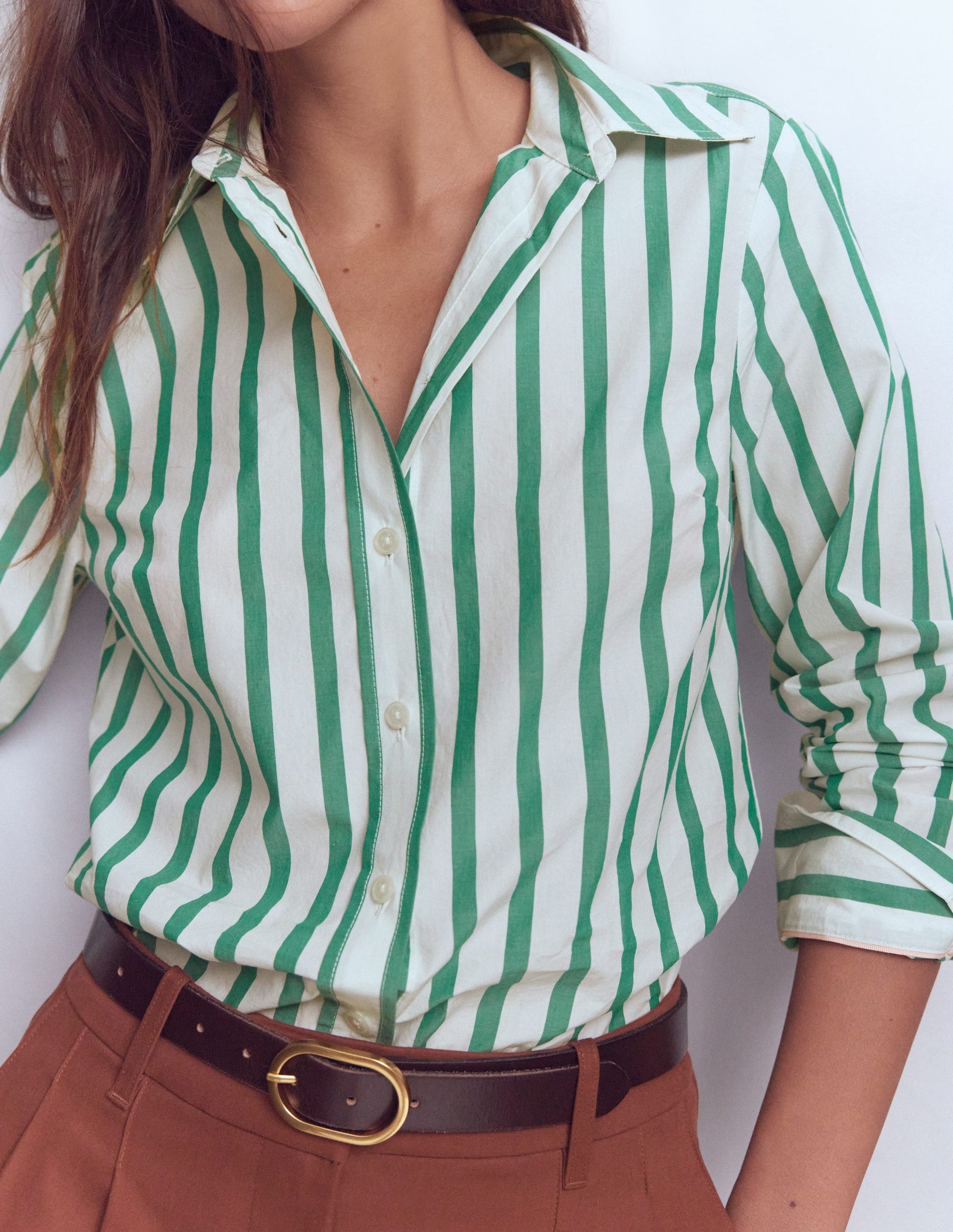 Sienna Cotton Shirt-Green and Ivory Stripe-3