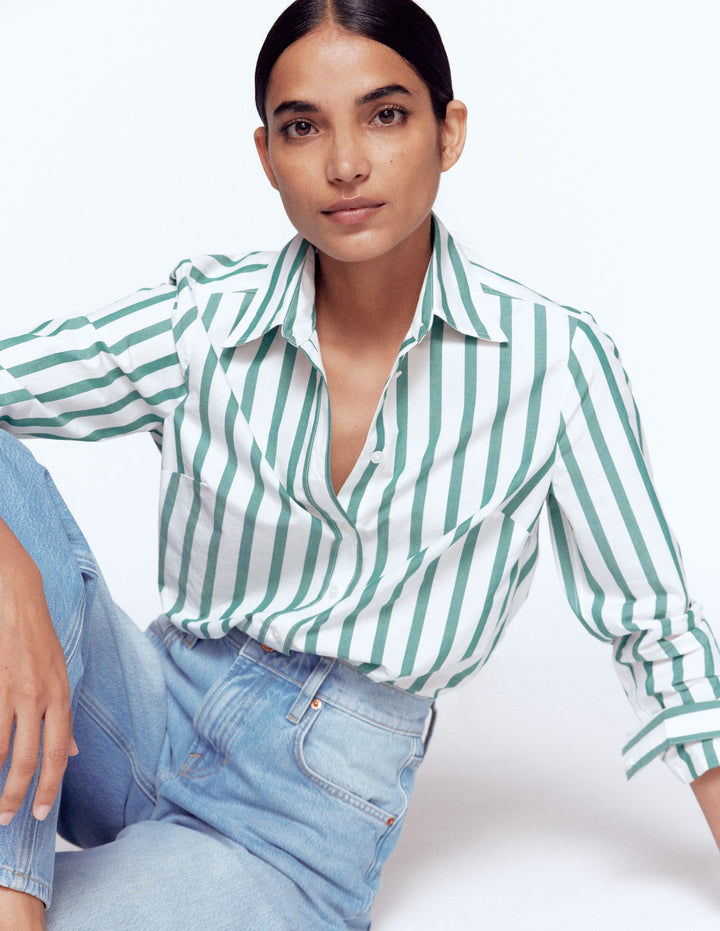 Sienna Cotton Shirt-Green and Ivory Stripe