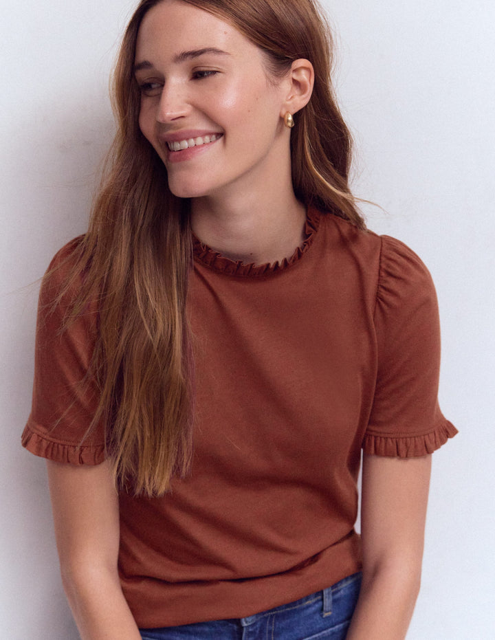 Supersoft Frill Detail T-shirt-Roasted Brown