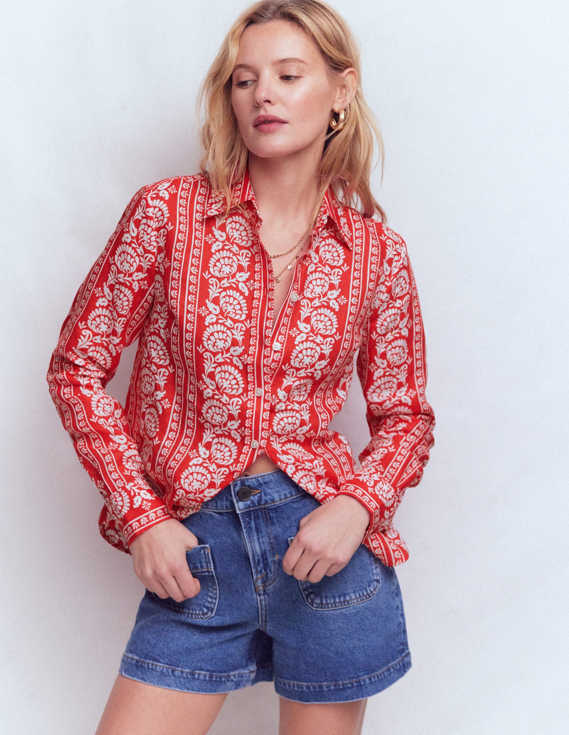 Sienna Linen Shirt-Red, Ornate Floret-1