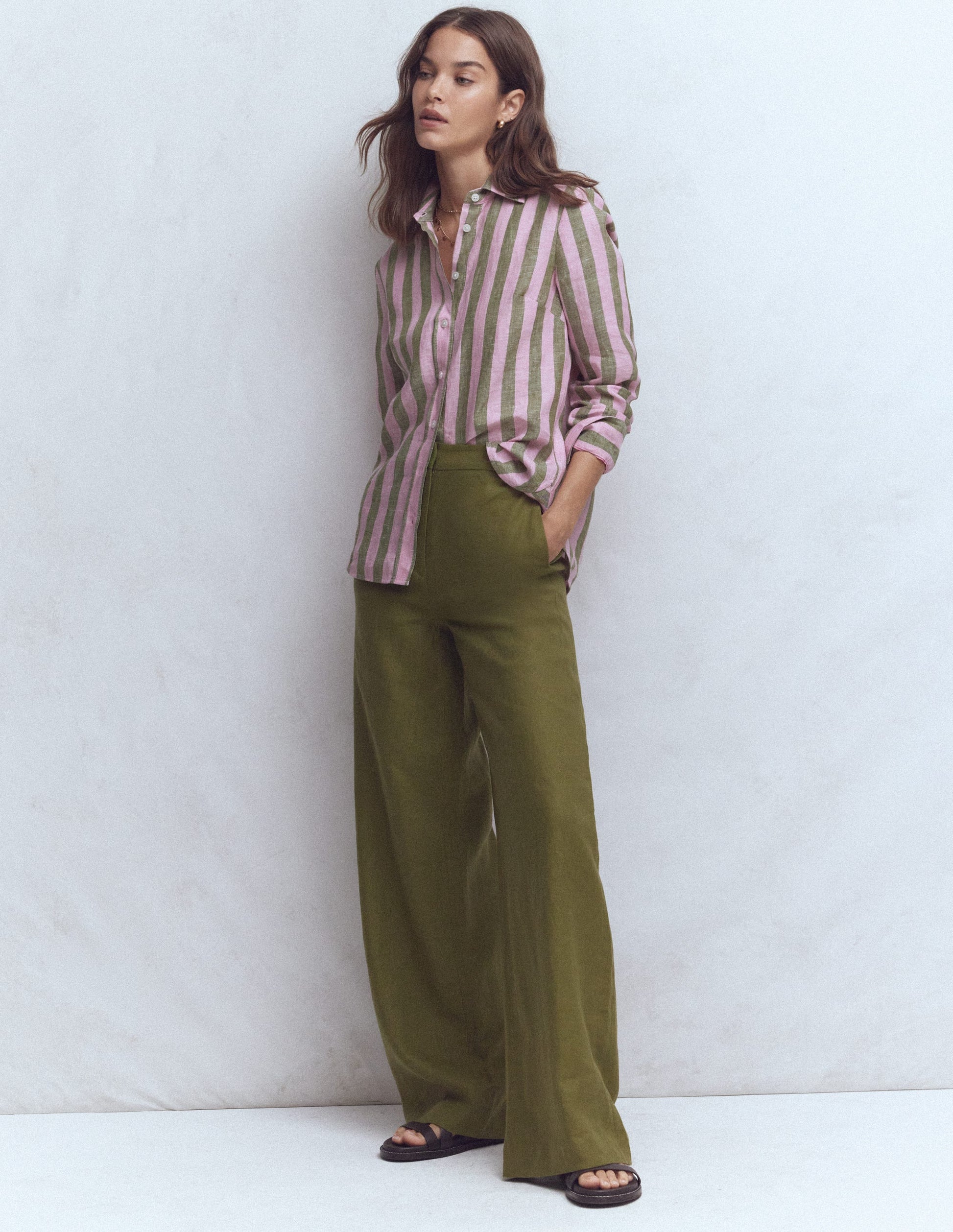 Sienna Linen Shirt-Green and Pink Stripe-2