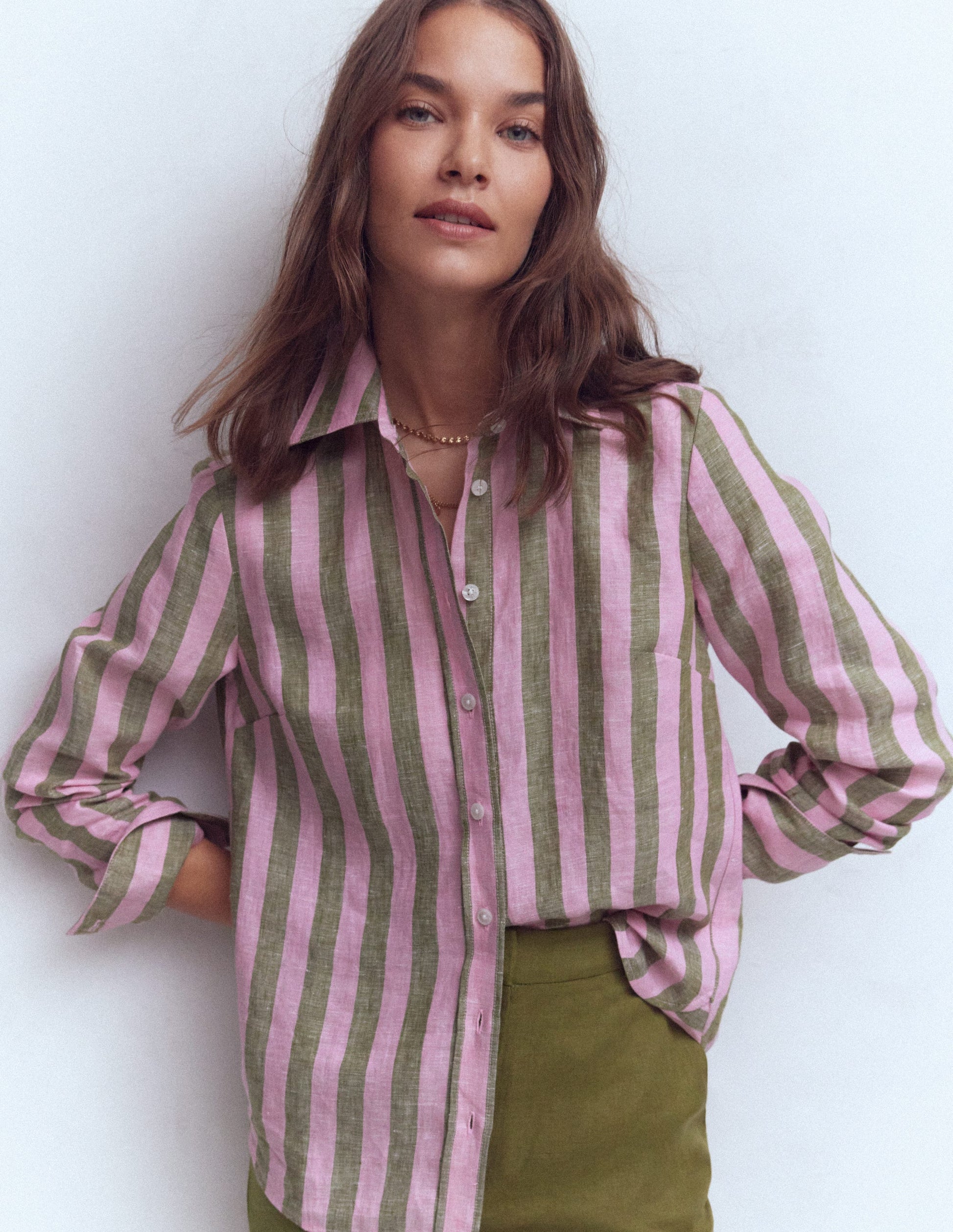 Sienna Linen Shirt-Green and Pink Stripe-4