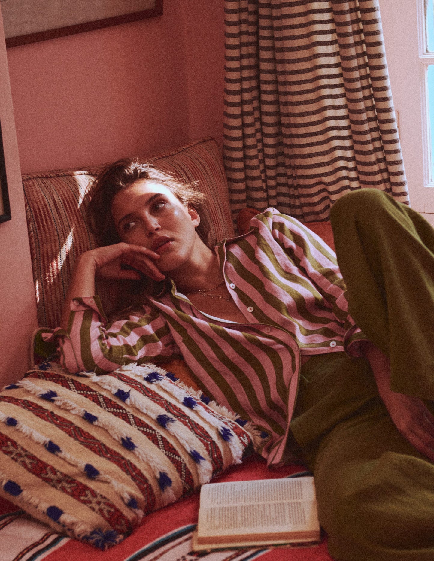 Sienna Linen Shirt-Green and Pink Stripe