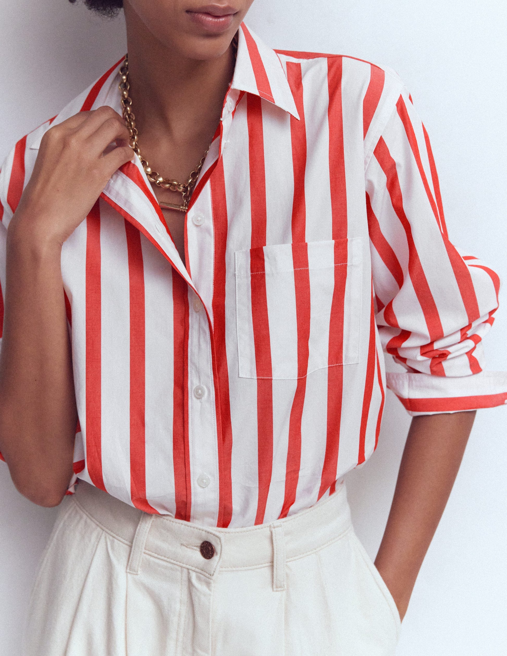 Sadie Relaxed Cotton Shirt-Ivory and Salsa Stripe-3