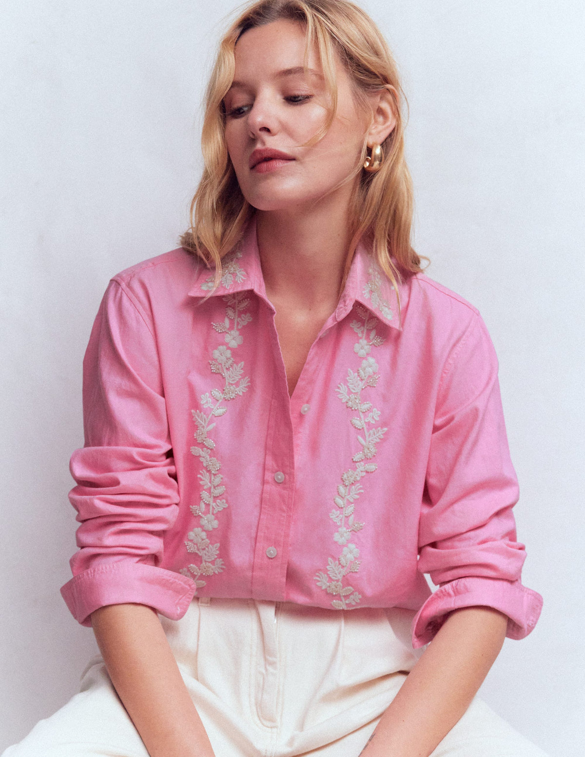 Sadie Relaxed Cotton Shirt-Pink Floral Beaded Oxford - Image 1
