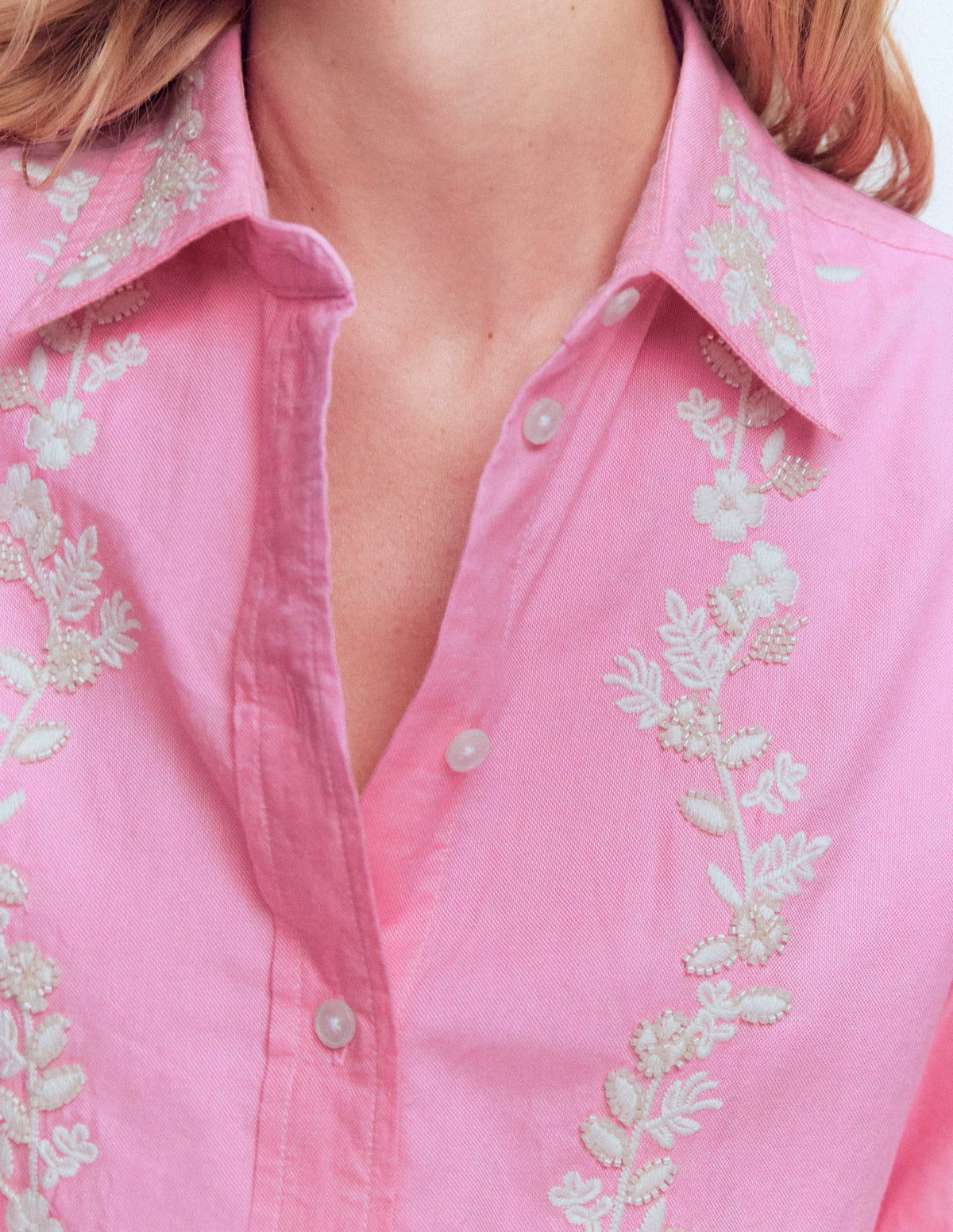 Sadie Relaxed Cotton Shirt-Pink Floral Beaded Oxford - Image 2