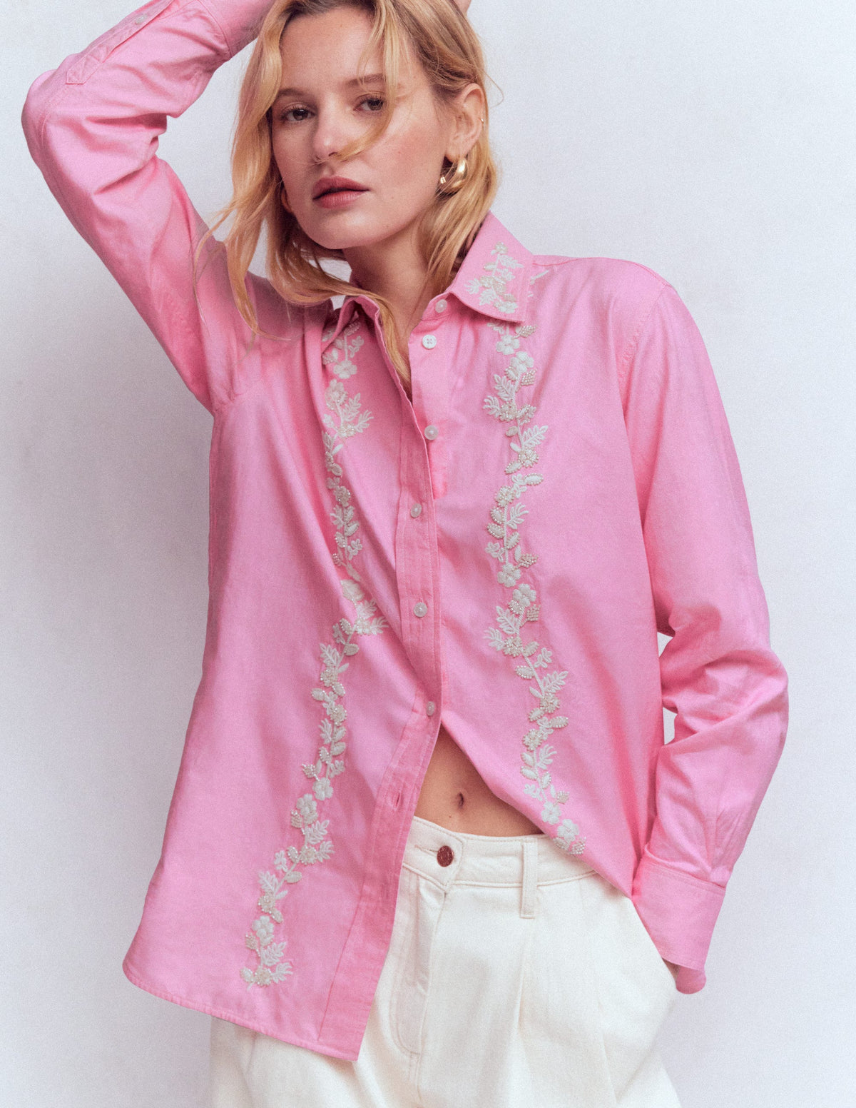 Sadie Relaxed Cotton Shirt-Pink Floral Beaded Oxford - Image 4