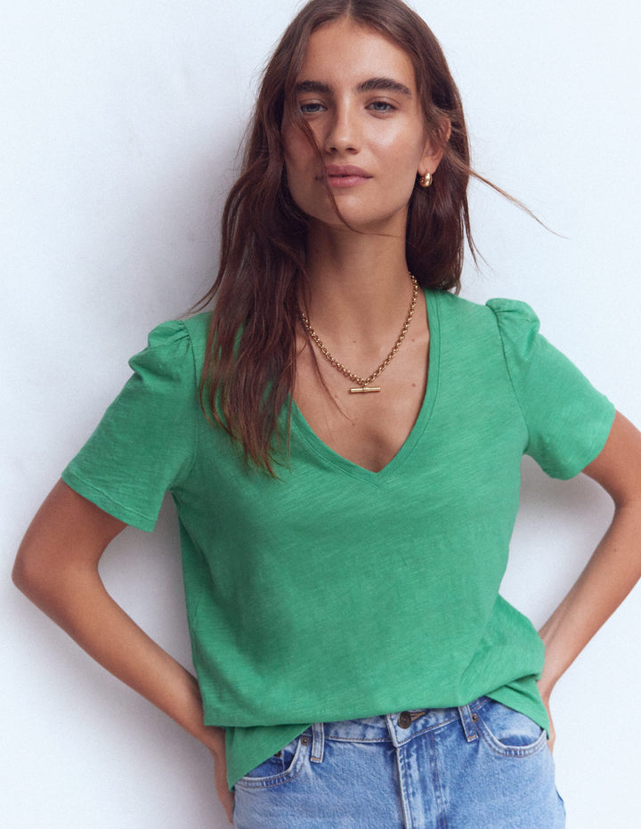 V Neck Slub T-shirt-Aloe Green