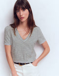 Sophie V-neck Slub T-shirt-Ivory, Navy Stripe