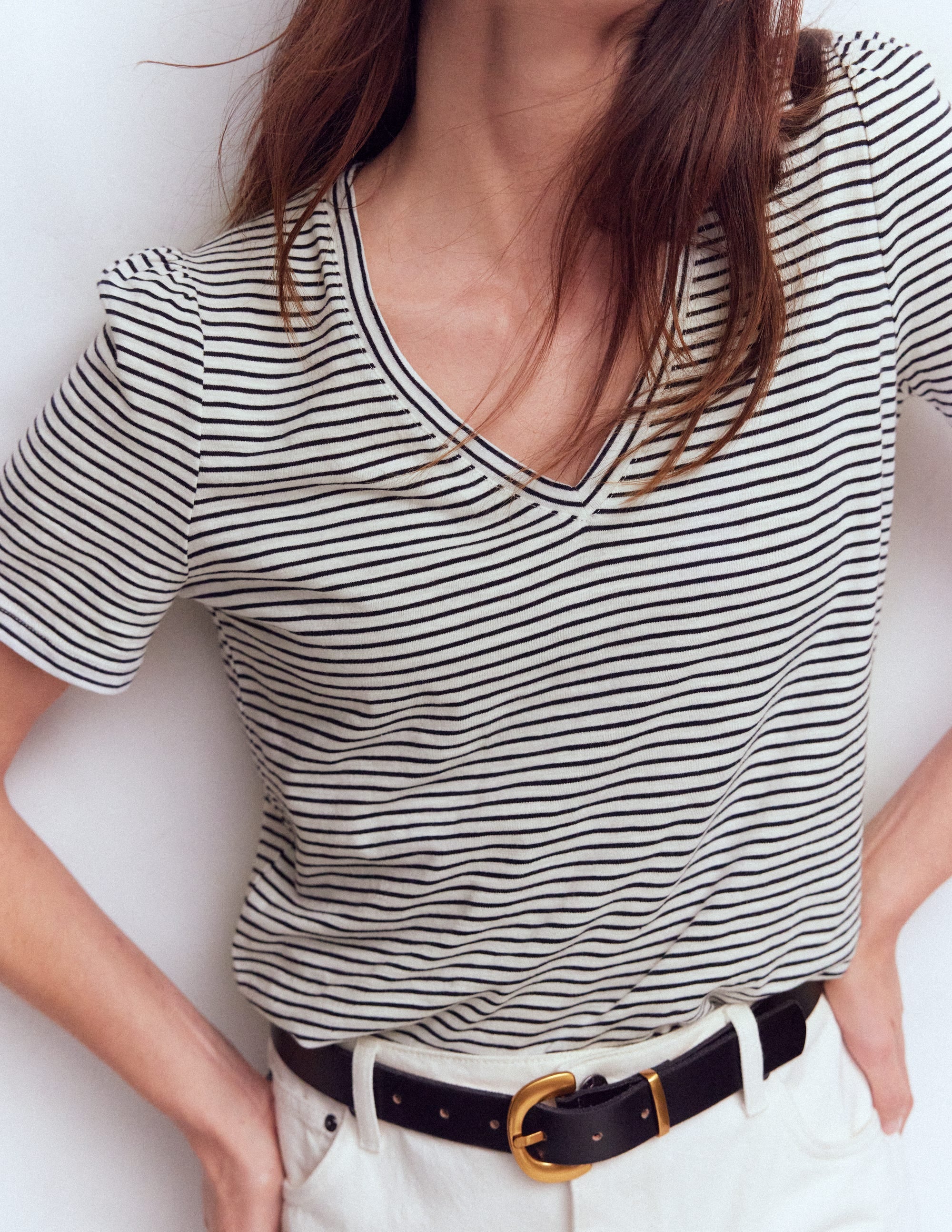 Sophie V-neck Slub T-shirt-Ivory, Navy Stripe - Image 2
