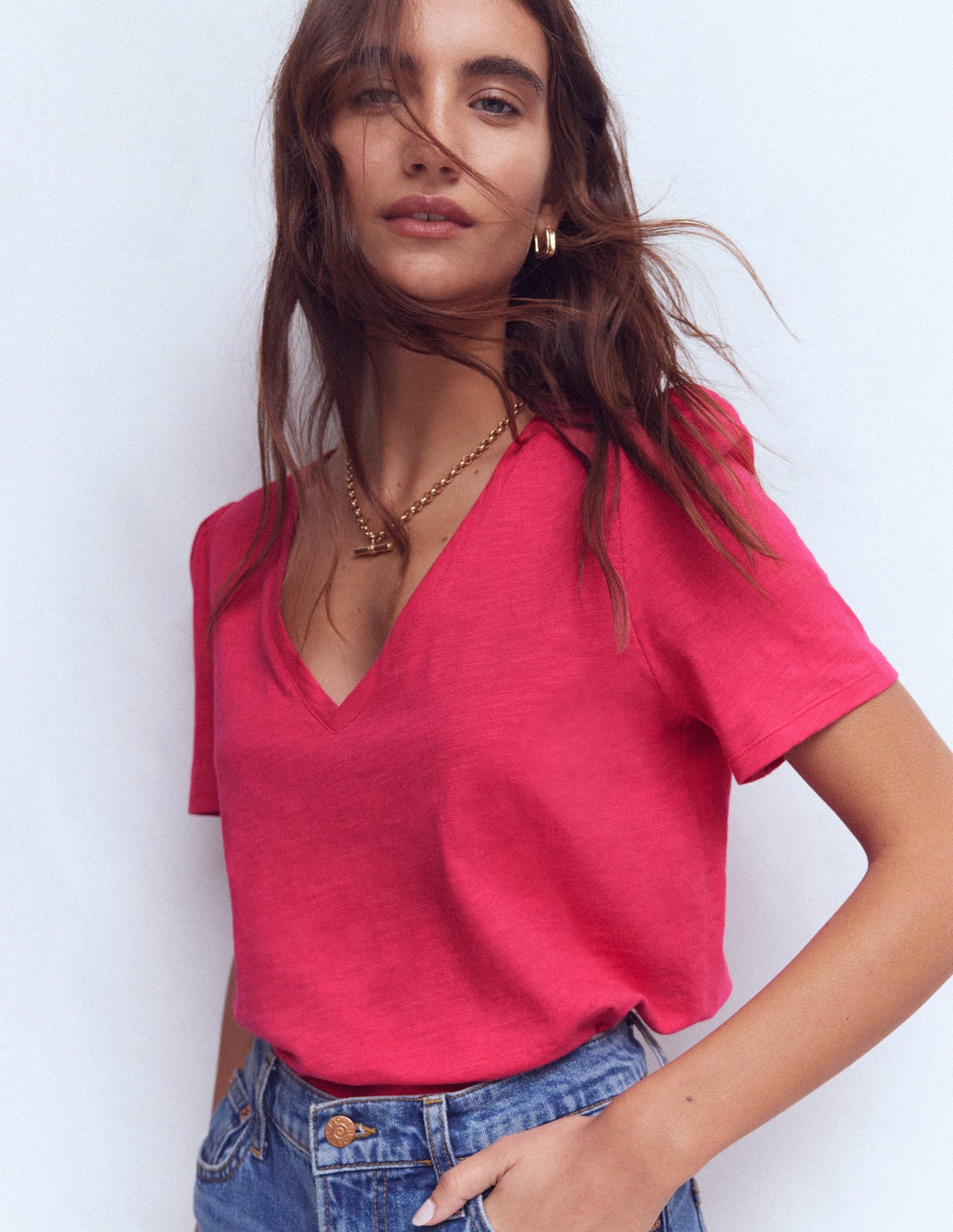 V Neck Slub T-shirt-Virtual Pink-4