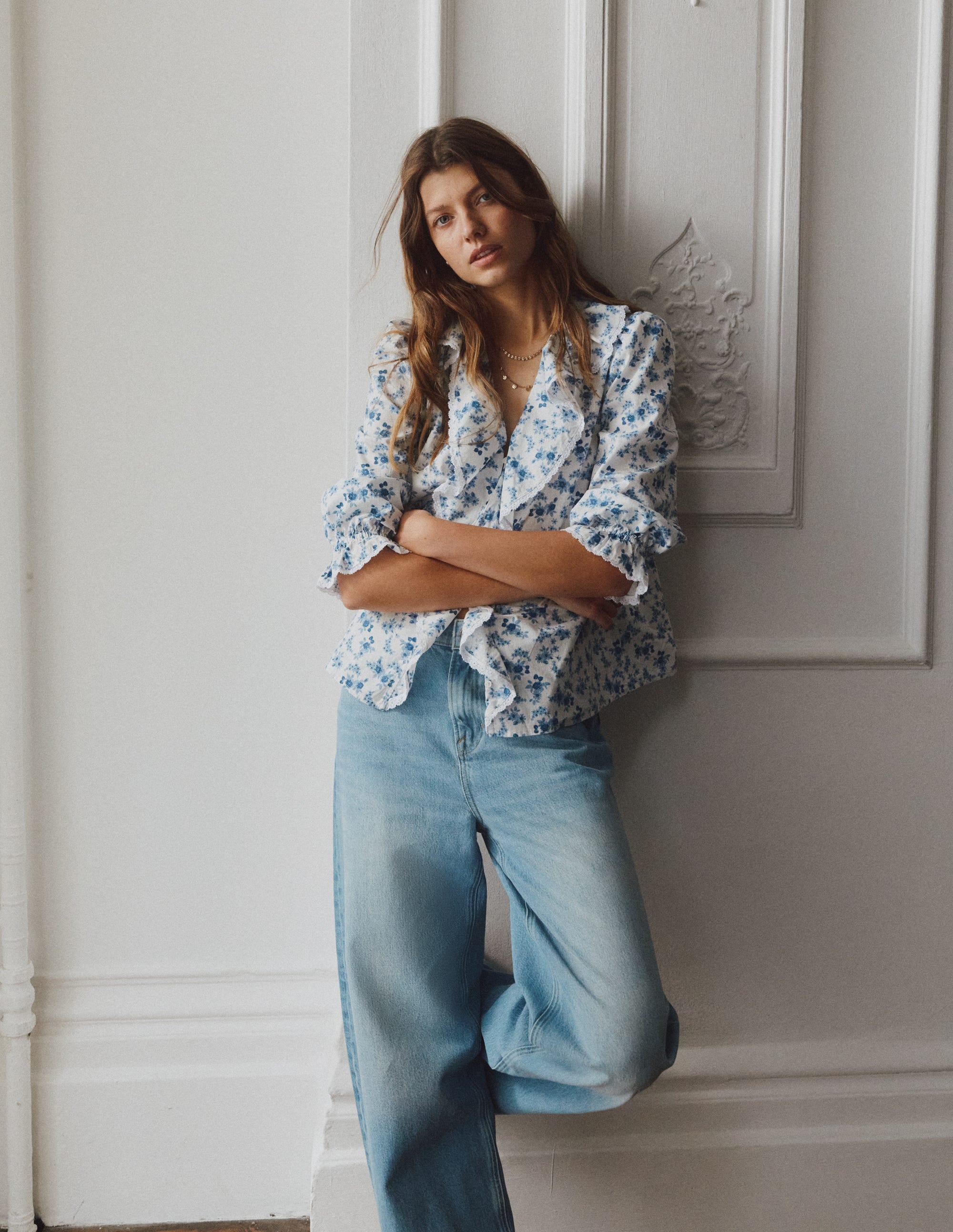 Eliza Ruffle V-Neck Blouse-Tourmaline Blue, Dainty Vine - Image 6