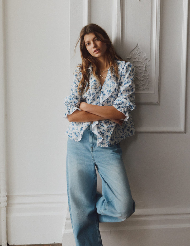 Eliza Ruffle V-Neck Blouse-Blue Floral