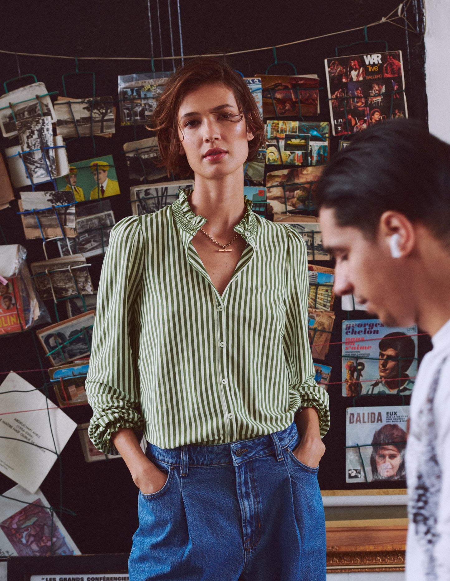 Effie Smocked Detail Shirt-Dill Stripe