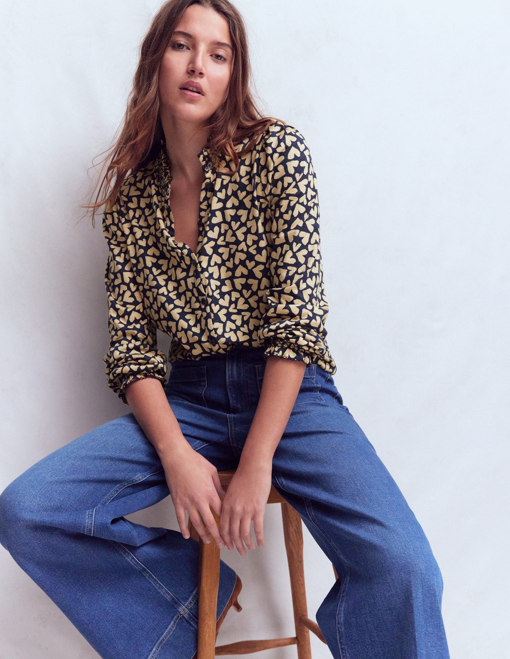 Effie Smocked Detail Shirt-Navy Heart-1