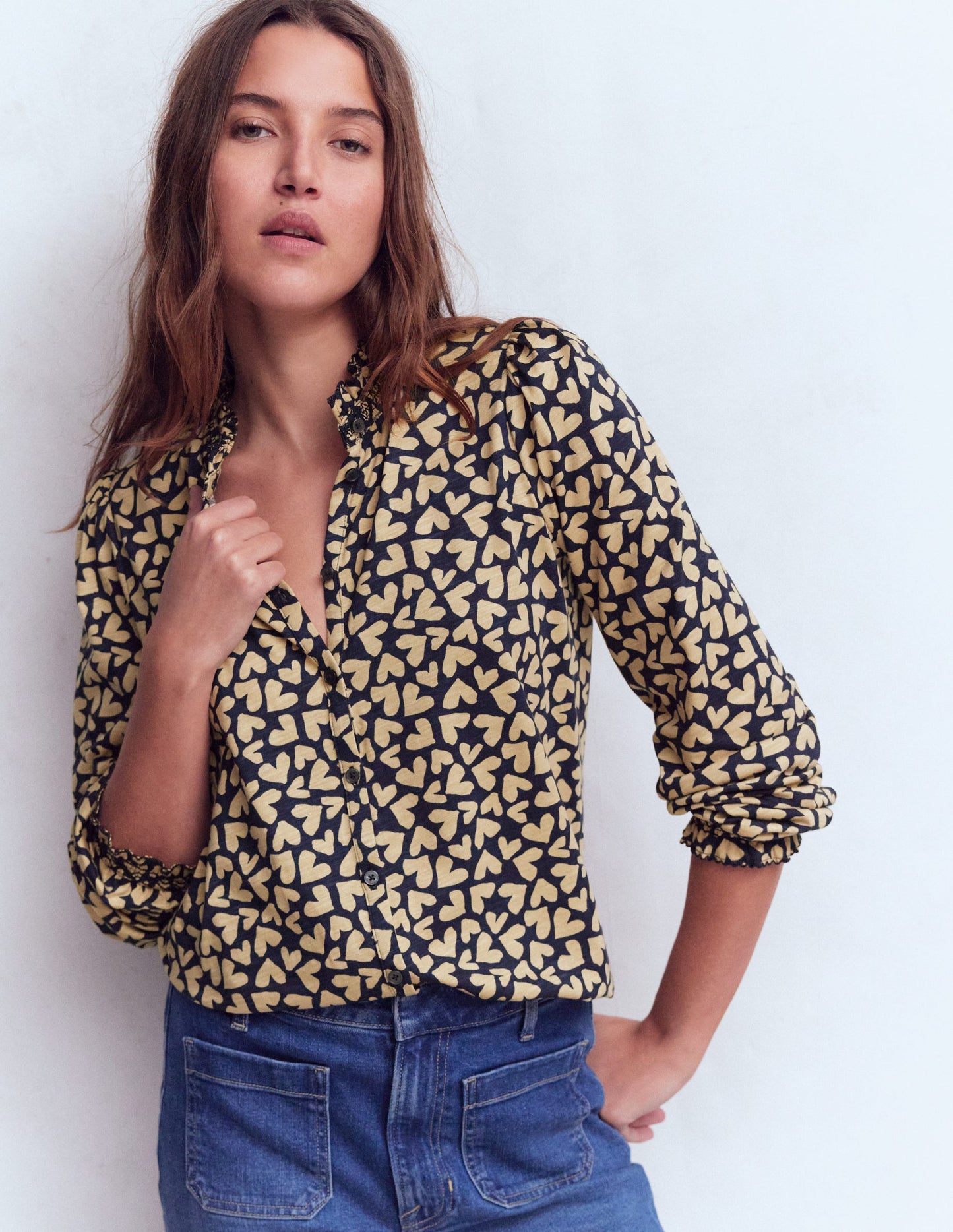 Effie Smocked Detail Shirt-Navy Heart