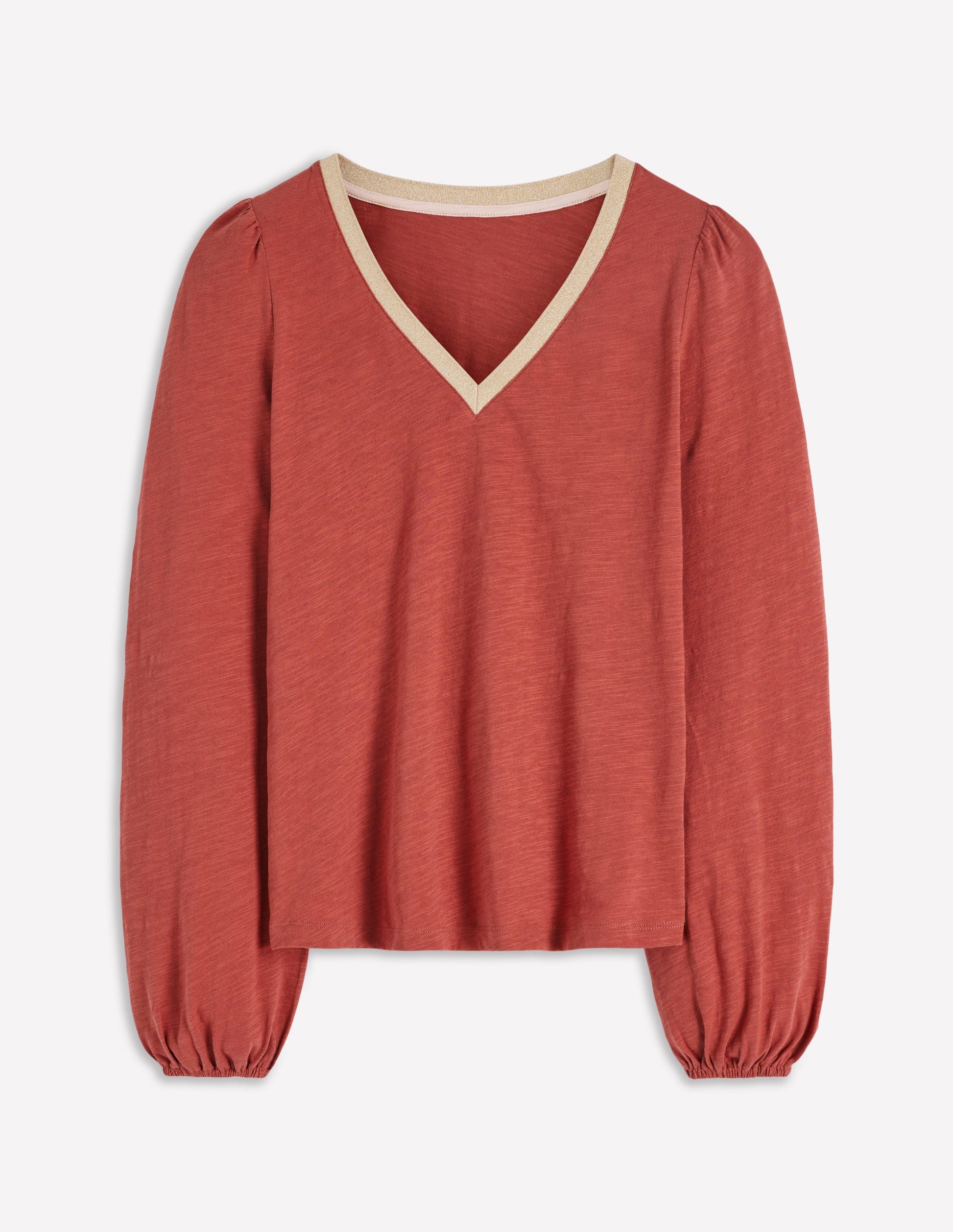 Metallic Trim V-neck Top-Barn Red-5