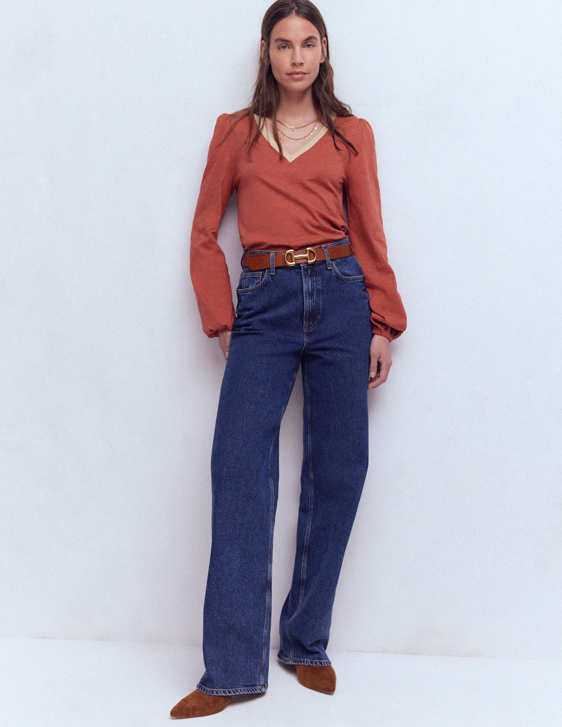 Metallic Trim V-neck Top-Barn Red-1