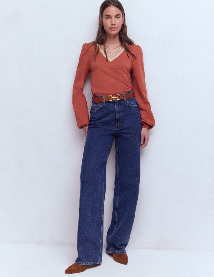 Metallic Trim V-neck Top-Barn Red