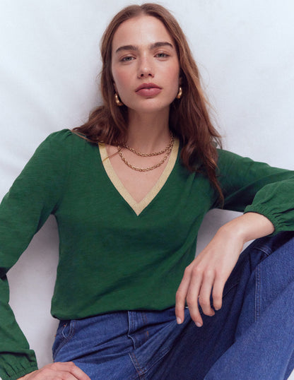 Metallic Trim V-neck Top-Trekking Green-1