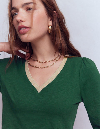 Metallic Trim V-neck Top-Trekking Green-2