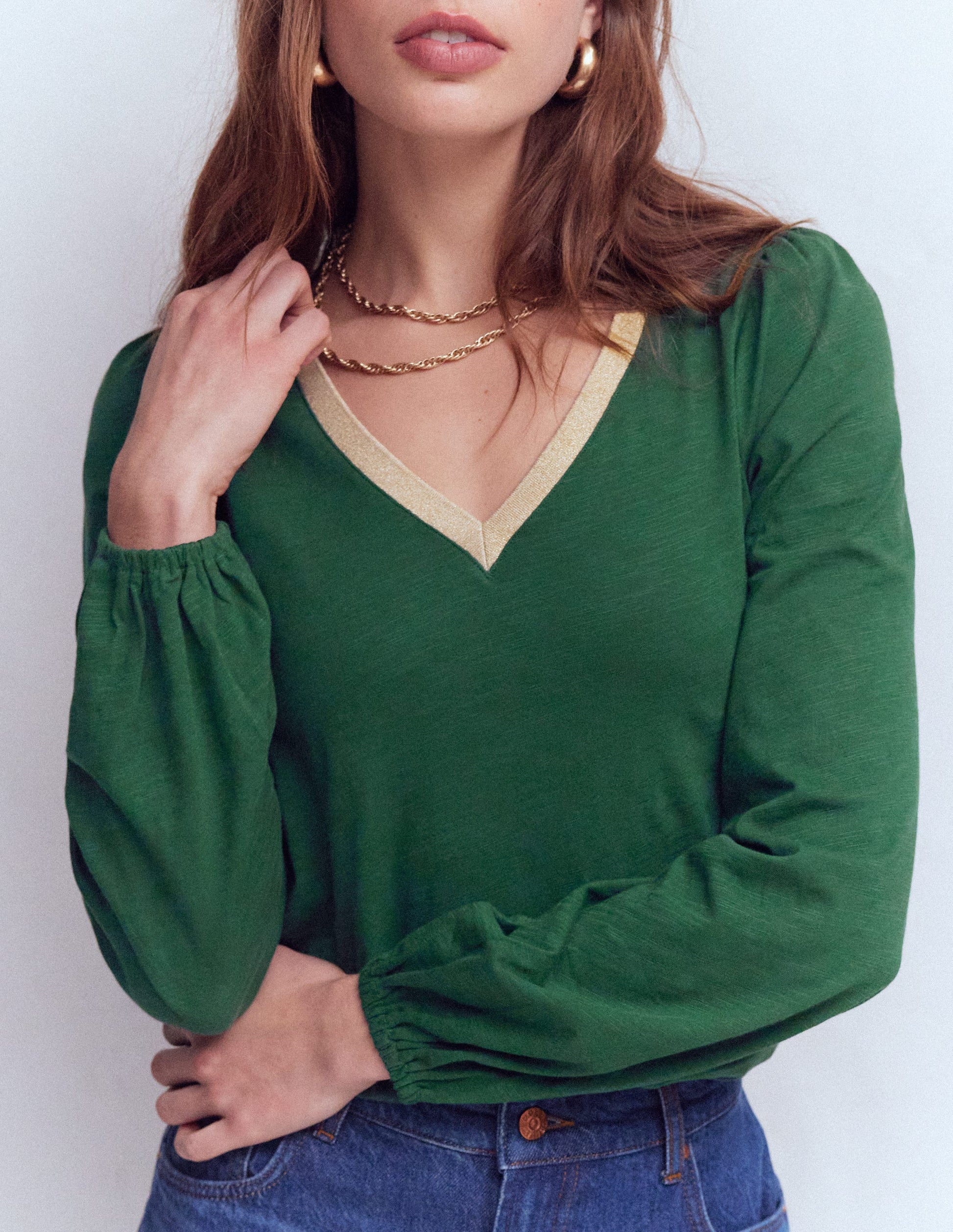 Metallic Trim V-neck Top-Trekking Green-4