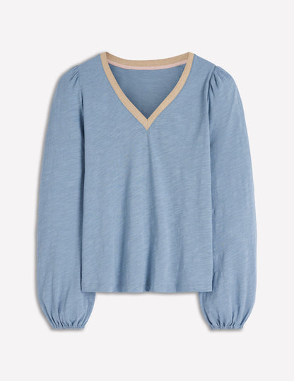 Metallic Trim V-neck Top-French Blue-5