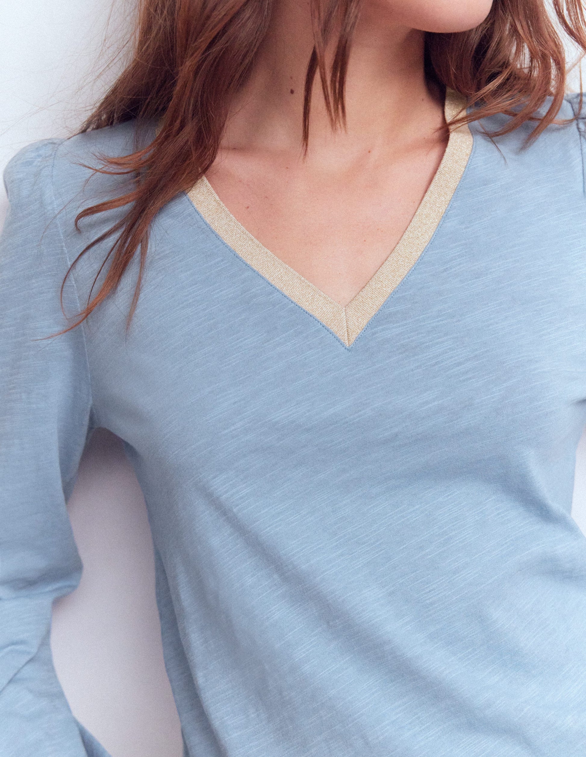Metallic Trim V-neck Top-French Blue-2