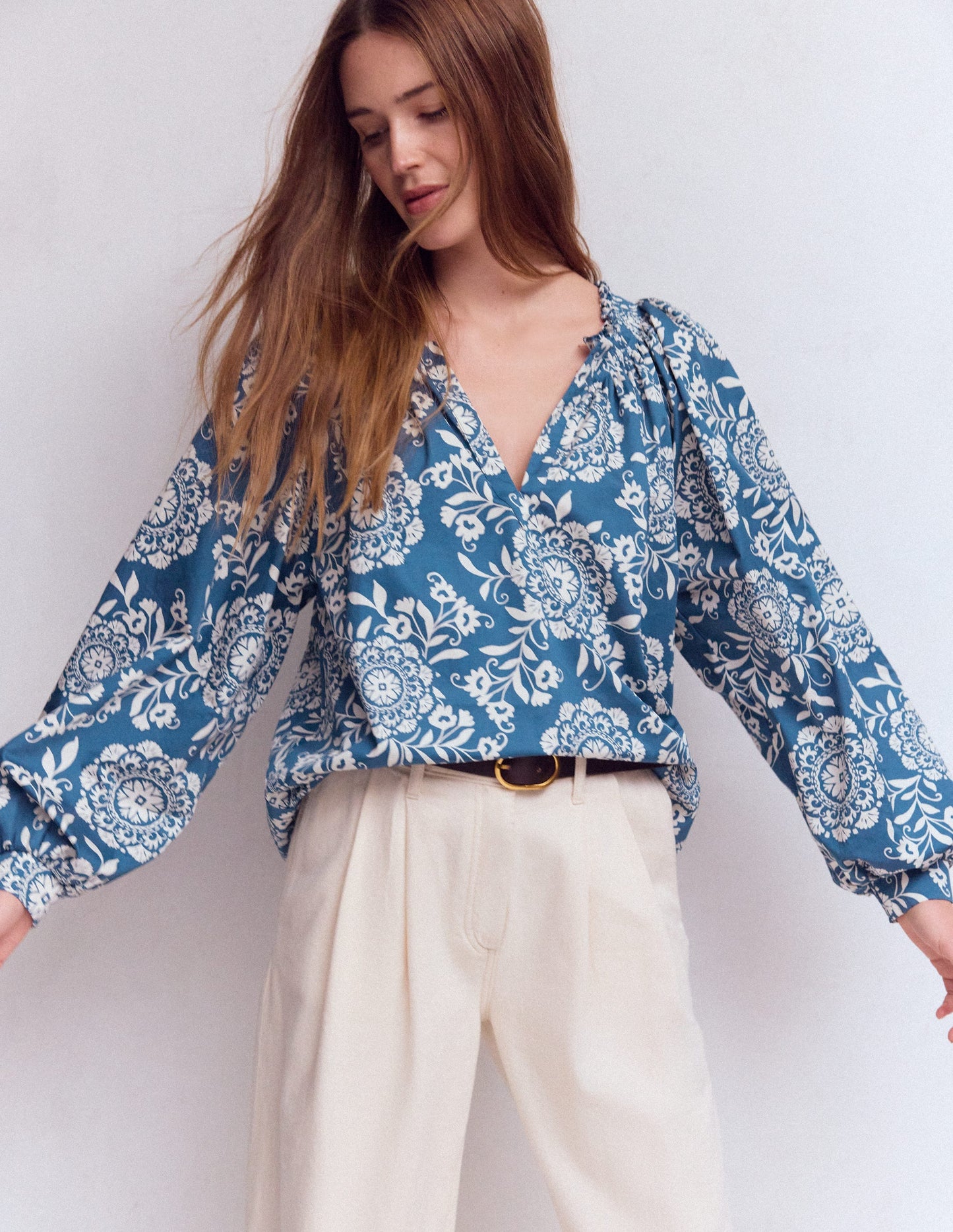 Serena Pleat Neck Top-Dark Blue, Decorative Blossom